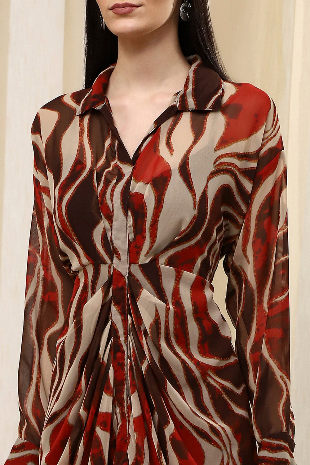 Brown Printed Gathered Tulip Dress image number 1