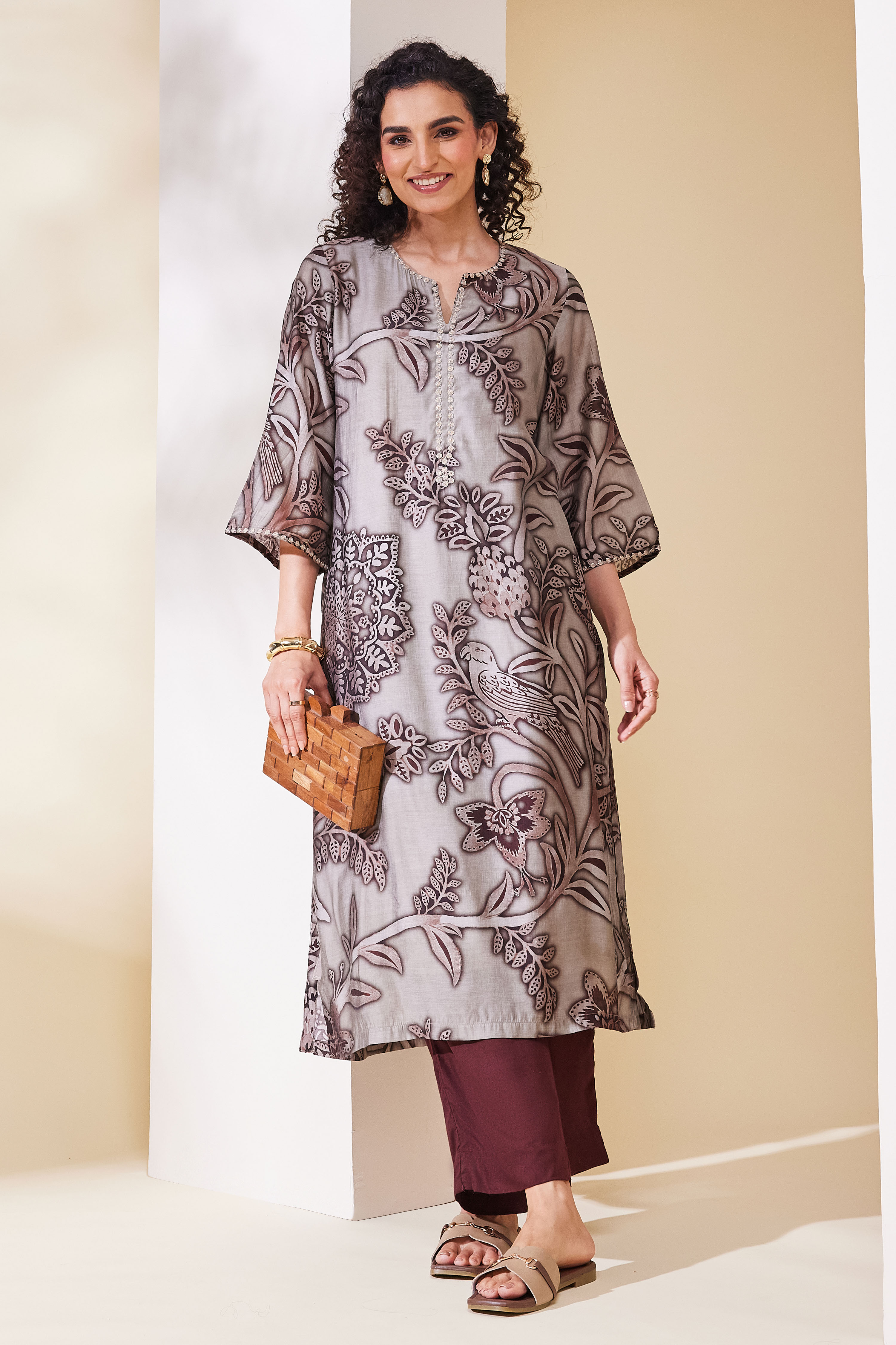Brown Viscose Blend Straight Kurta Pants Set image number 0