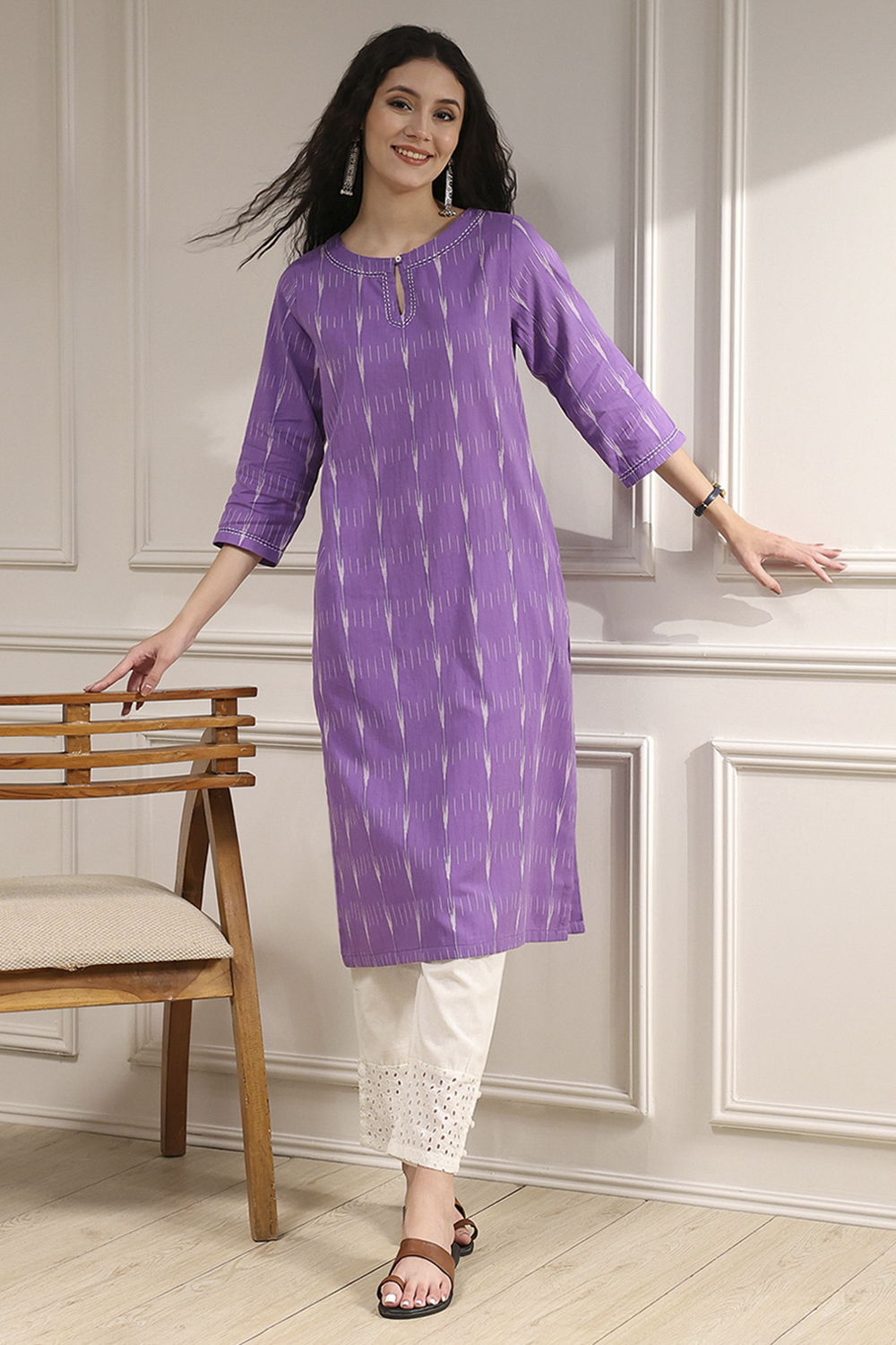 Purple Cotton Ikat Straight Kurta image number 0