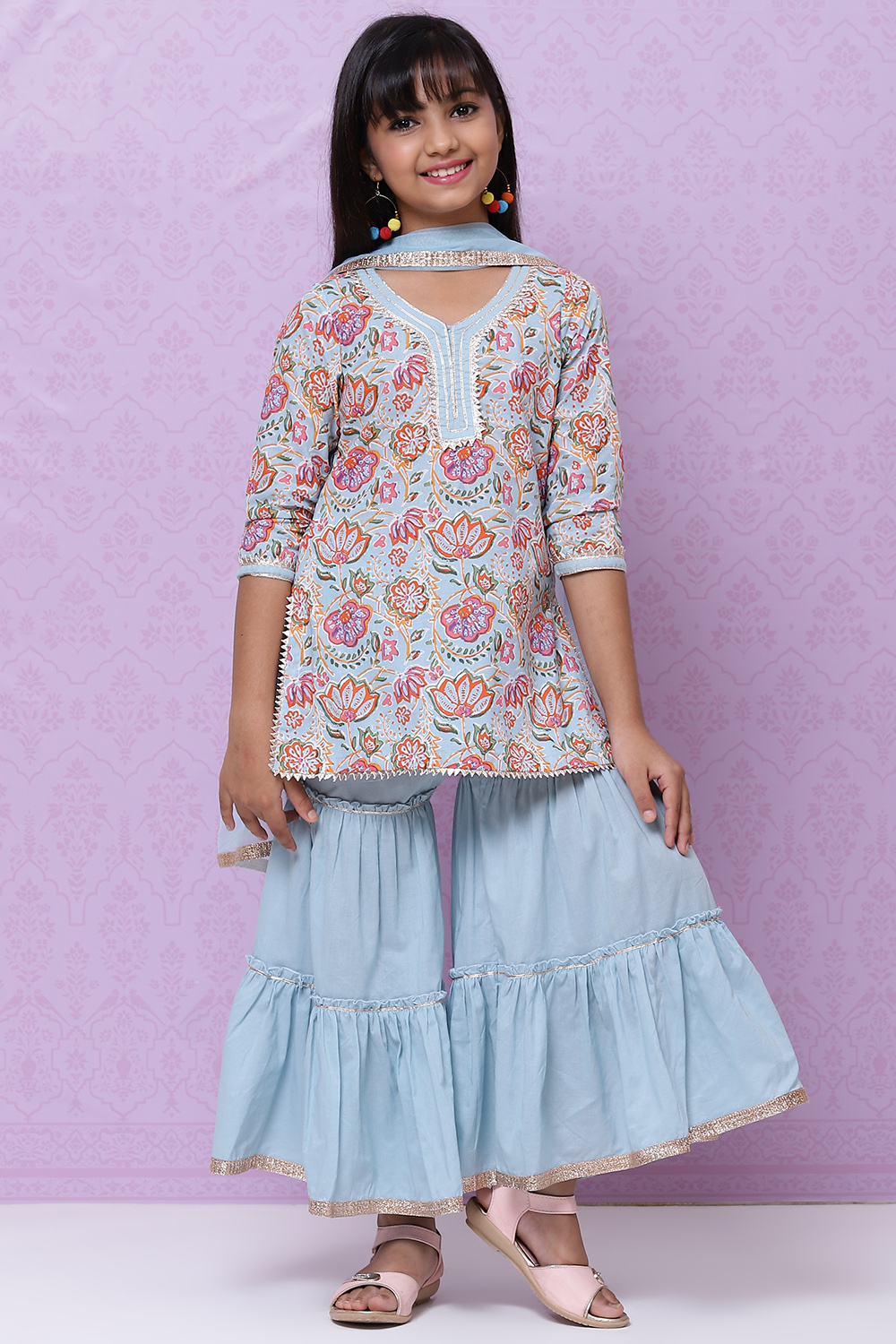 Powder Blue Cotton Girls Sharara Kurta Sharara Suit Set image number 4