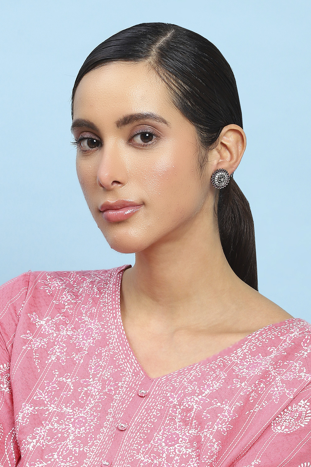 Pink and Green Oxidised Stone-Studded Studs image number 3