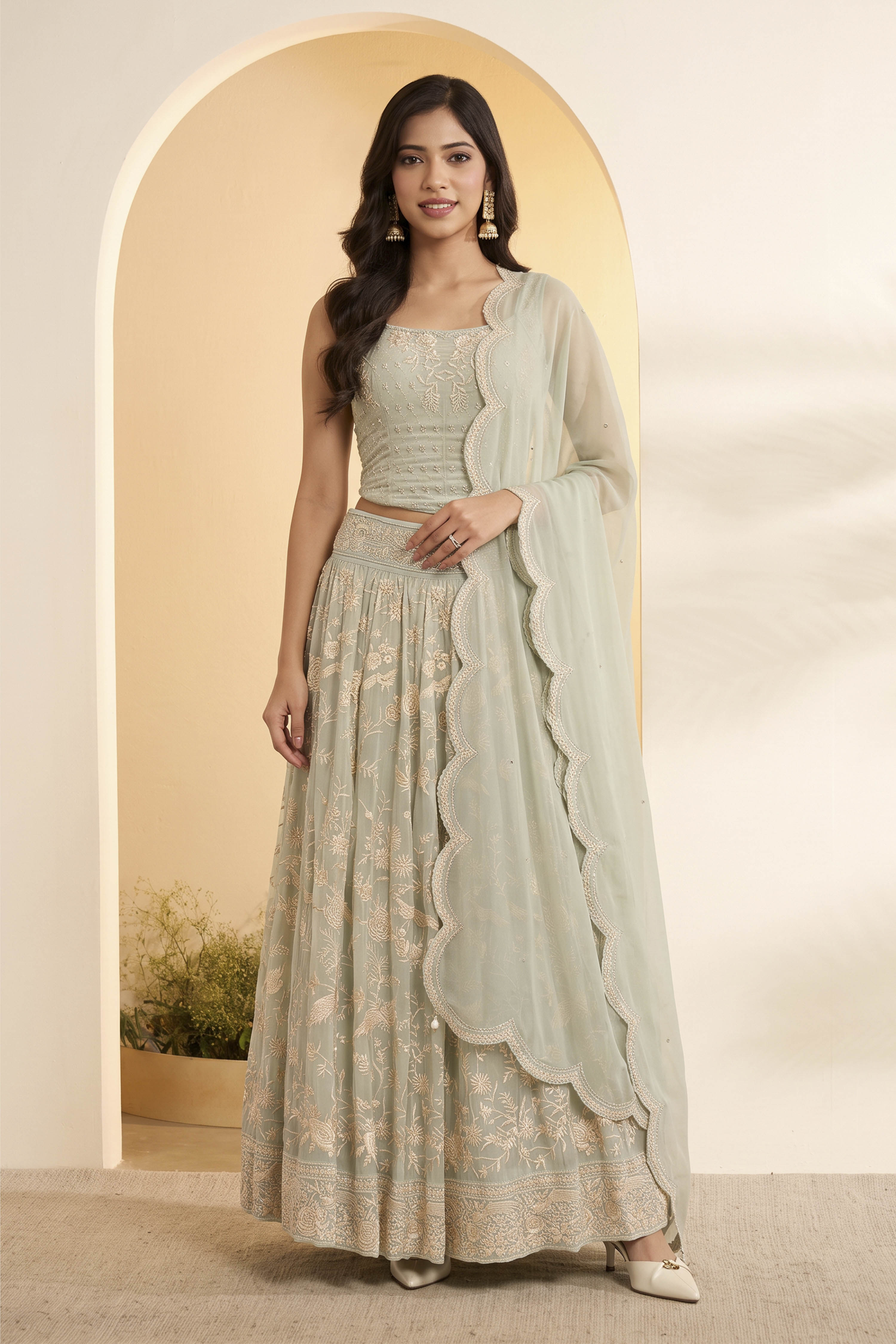 Turquoise Polyester Straight Lehenga Set image number 5