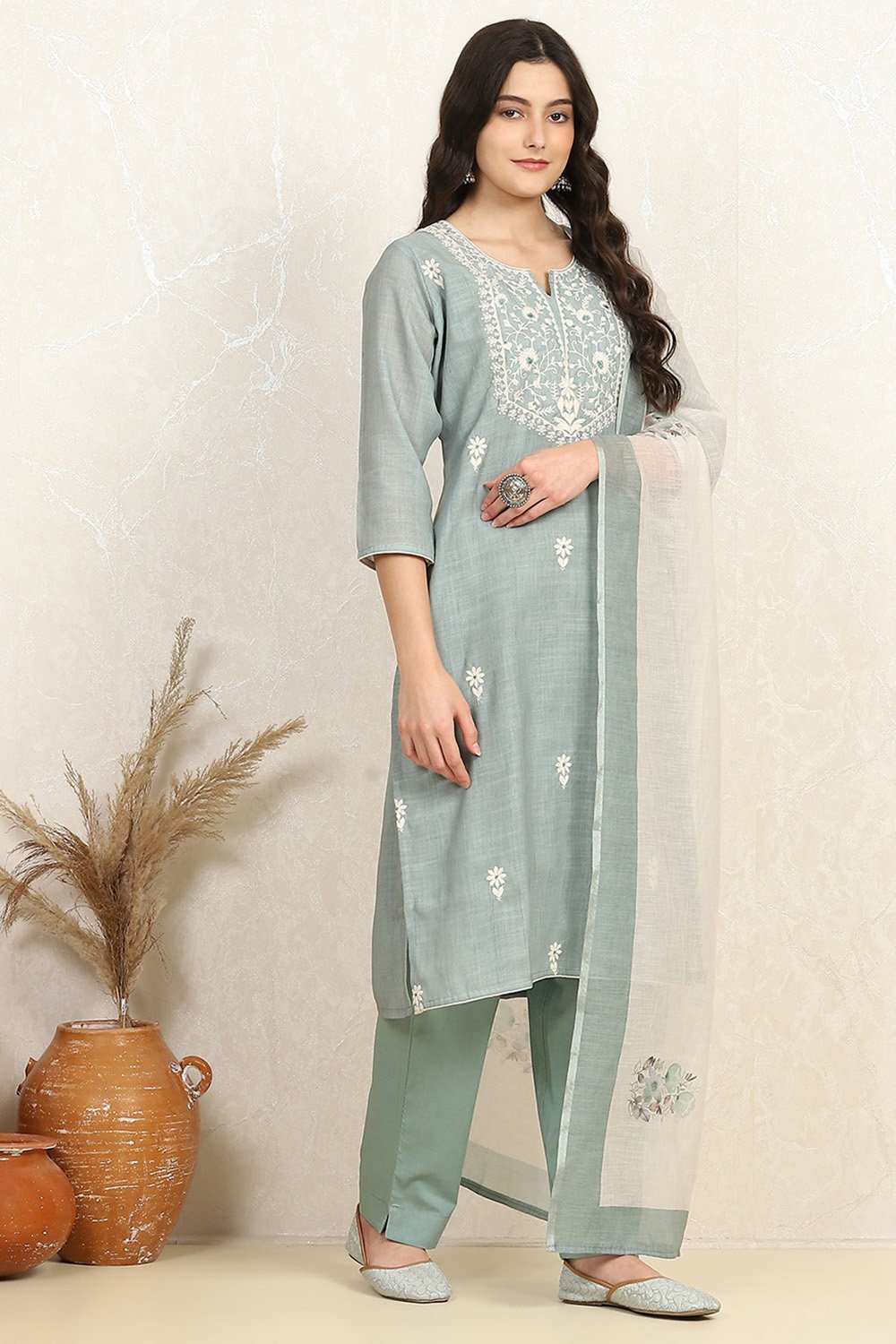 Teal Cotton Unstitched Suit Set image number 6