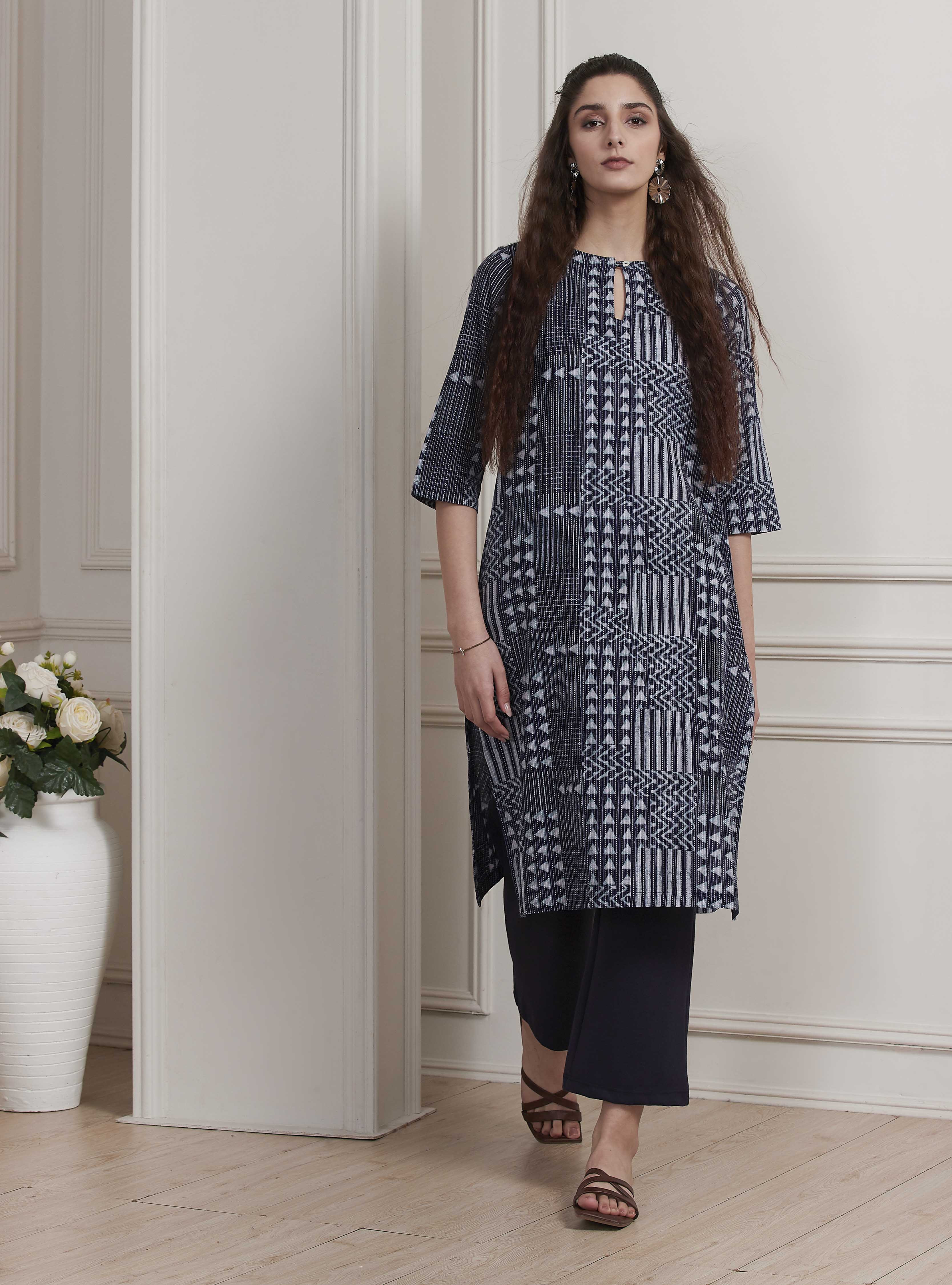 Blue Cotton Printed Straight Kurta image number 0