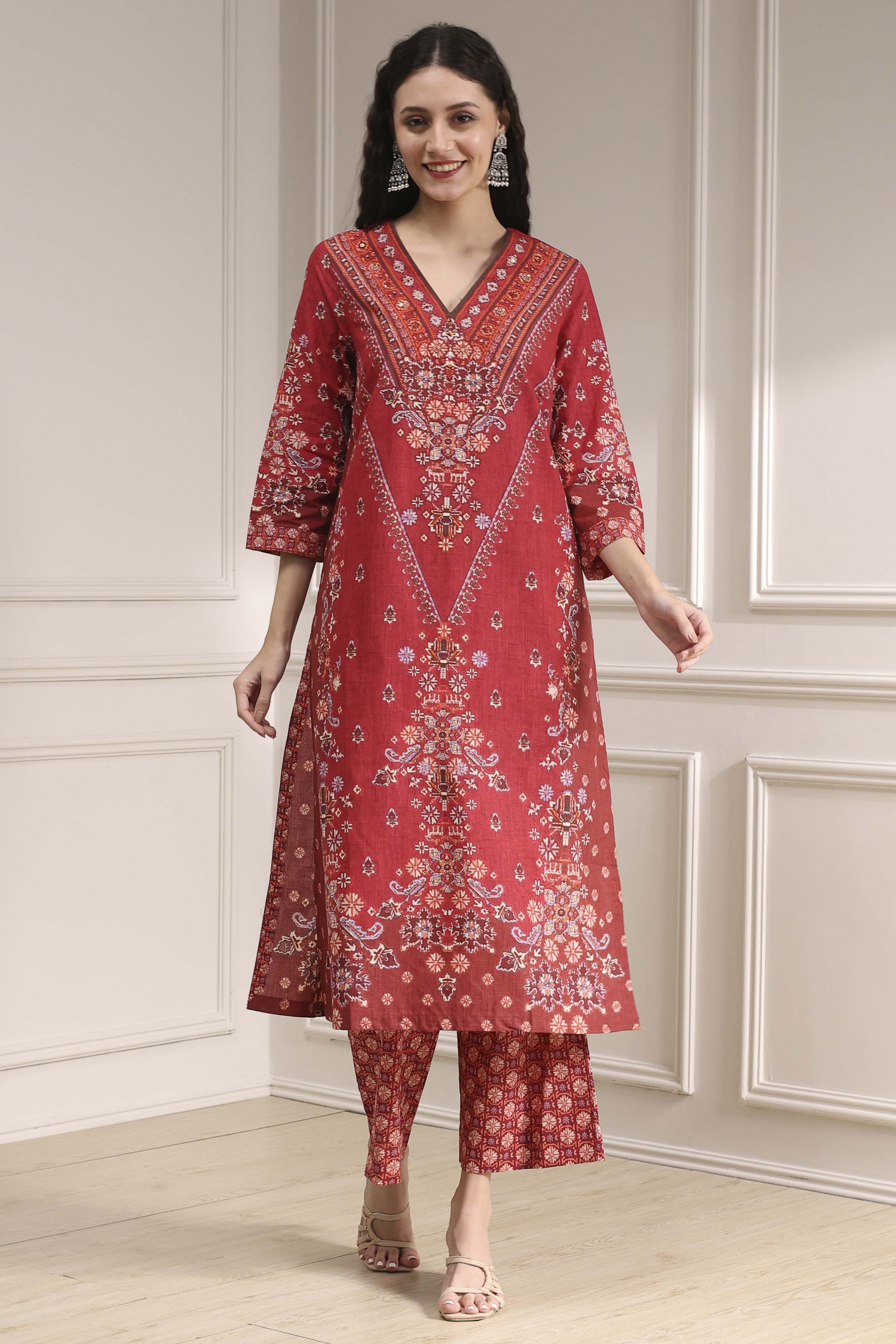Blue Cotton Straight Printed Suit Set image number 0