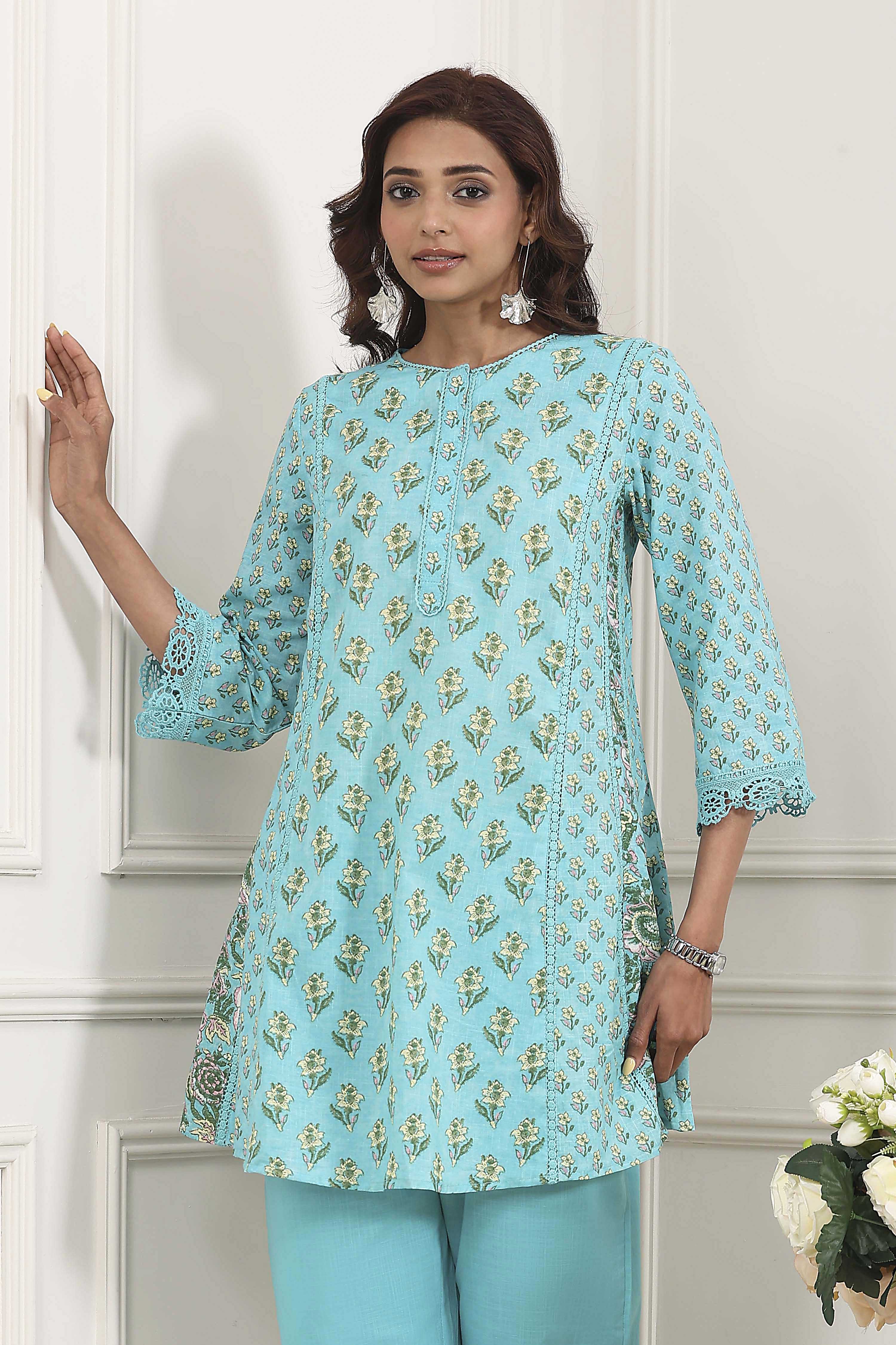 Turquoise Cotton Kalidar Kurta Pants Set image number 7