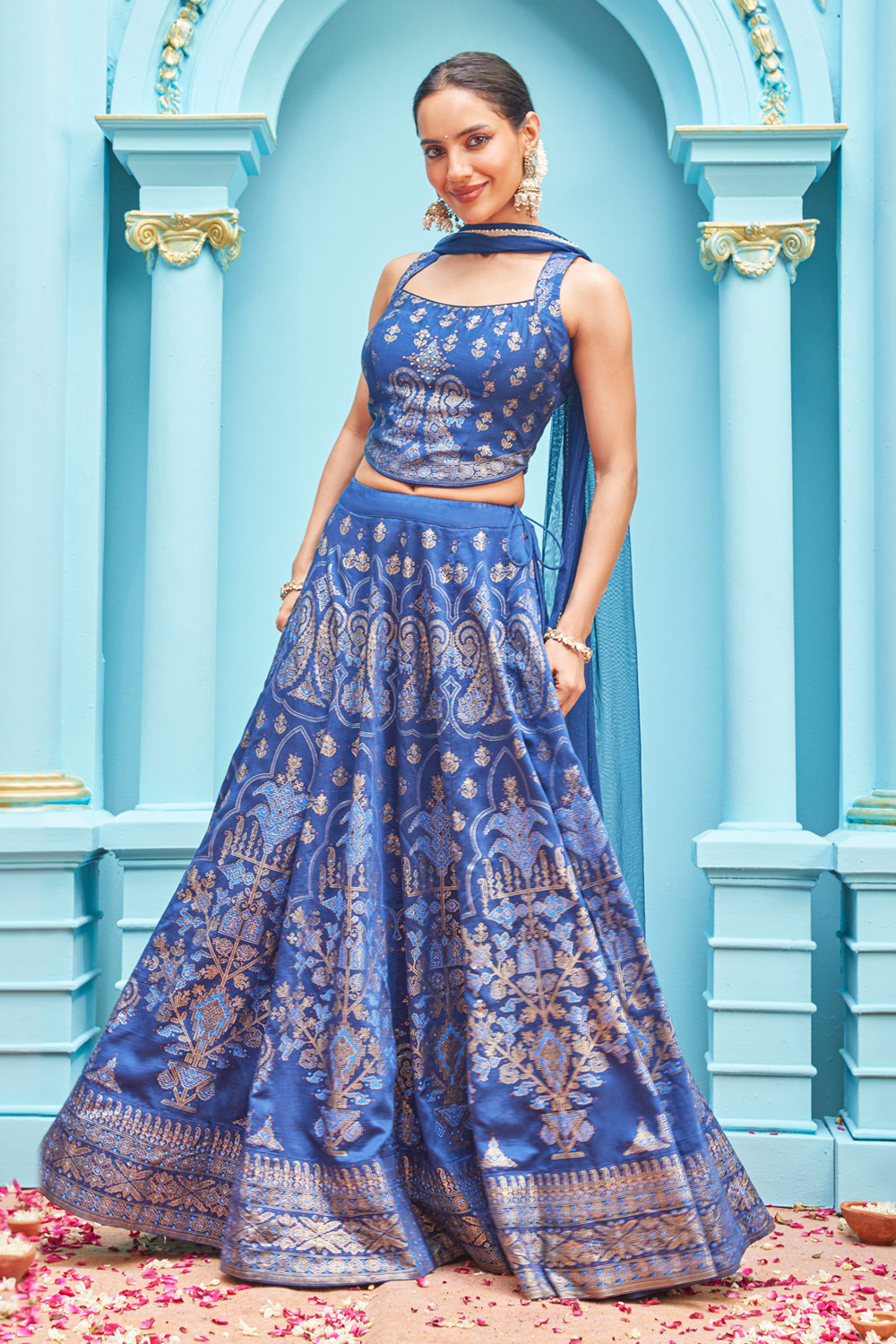 Blue Viscose Blend Printed Lehenga Set image number 0