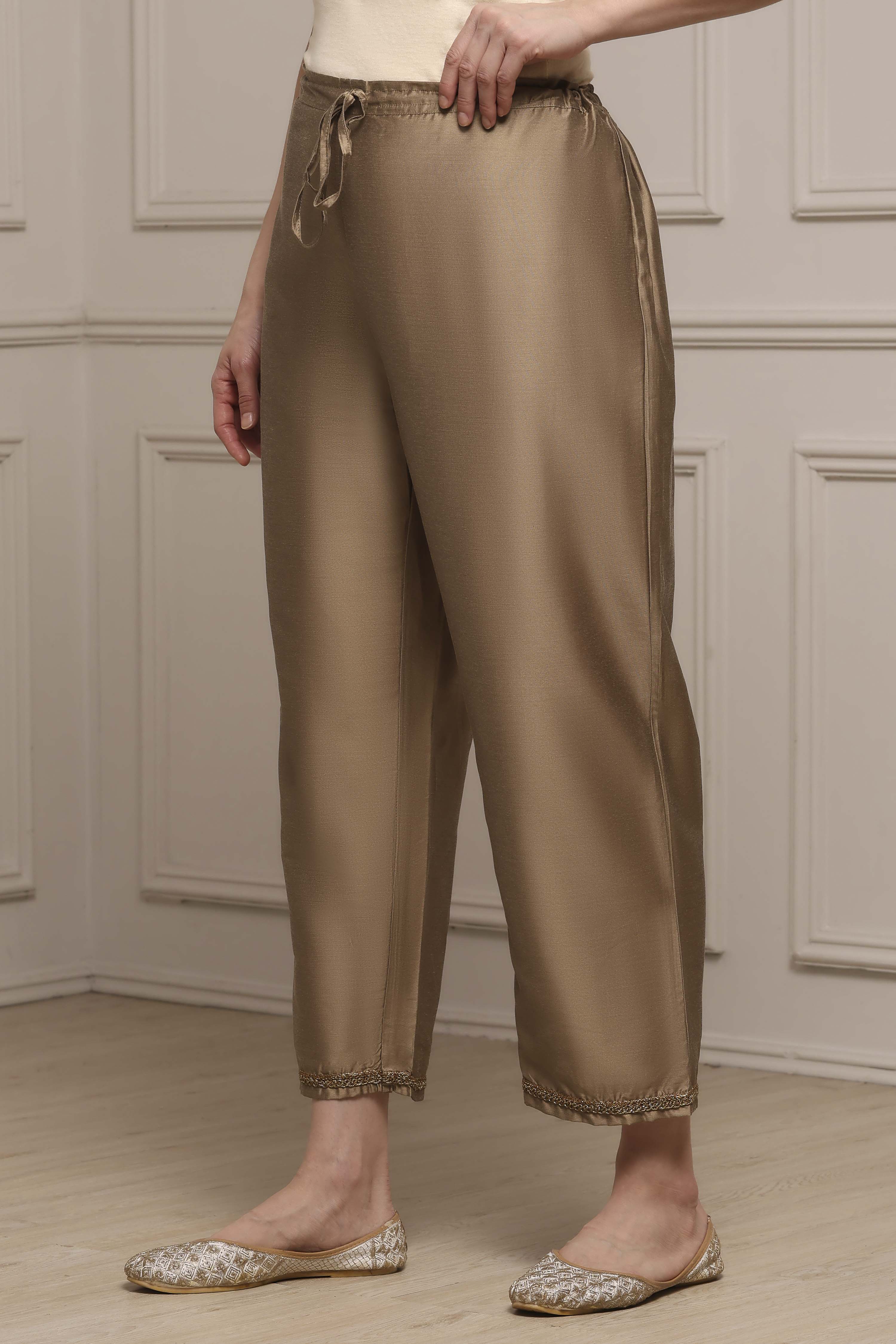 Antique Gold Polyester Straight Palazzos image number 2
