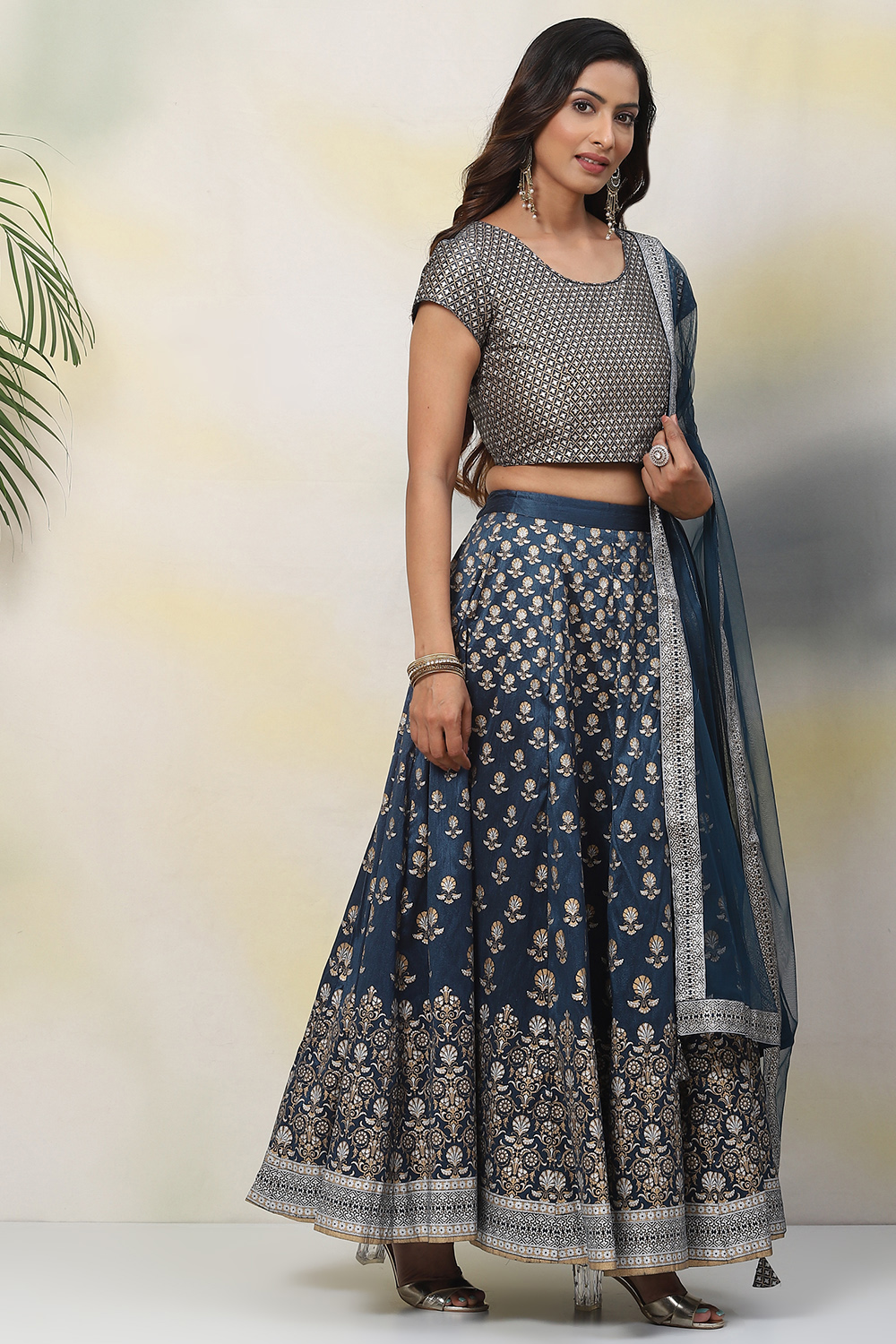 Teal Straight Art Silk Lehenga Set image number 3