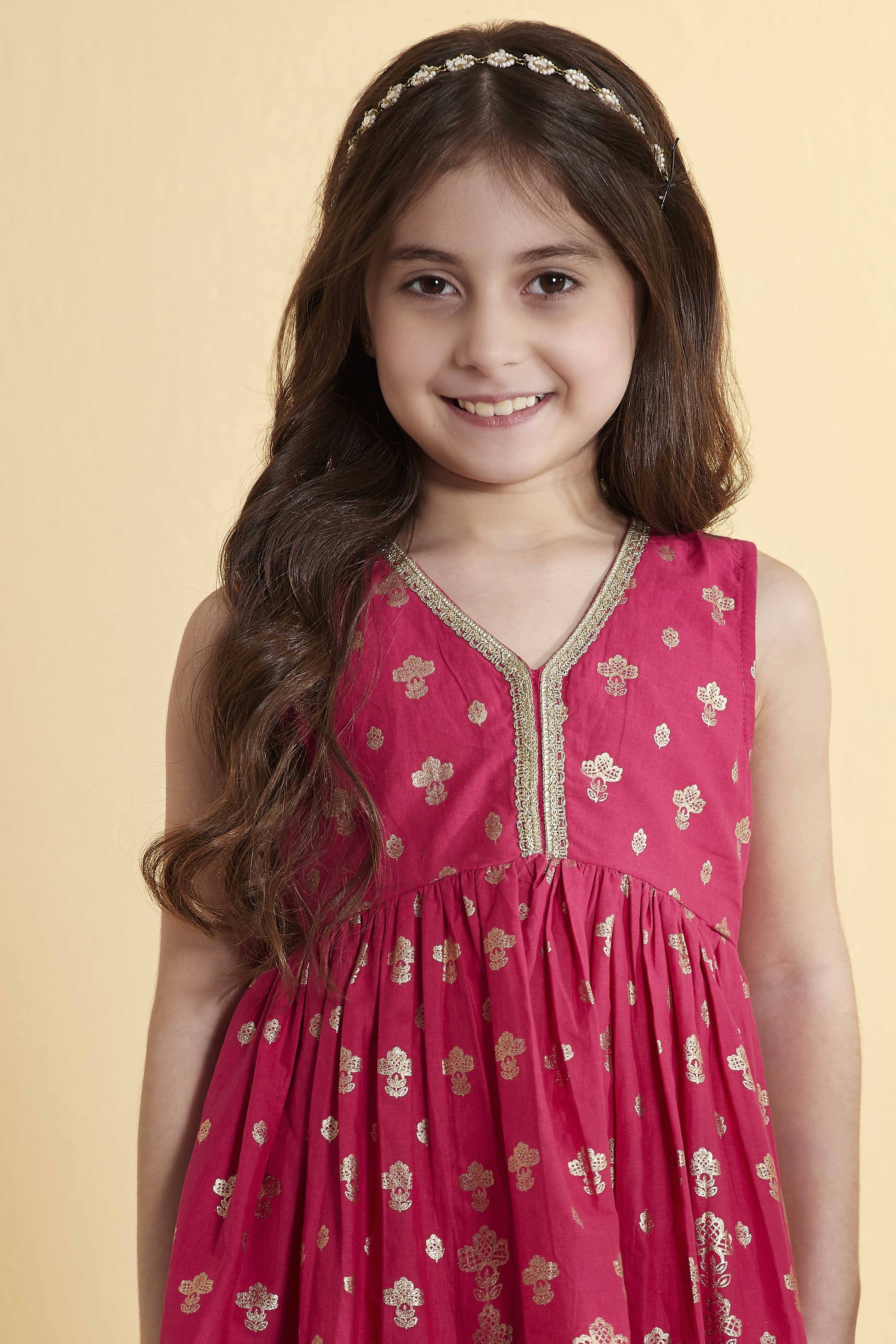 Pink Cotton Printed Gathered Kurta Pants Set image number 1