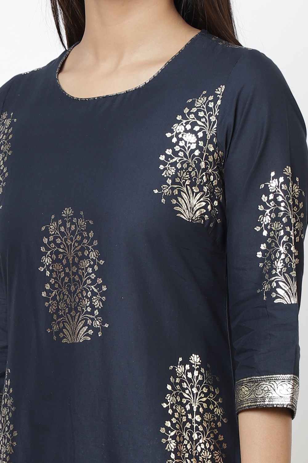 Navy Blue Cotton Straight Kurta Flared Palazzo Suit Set image number 1