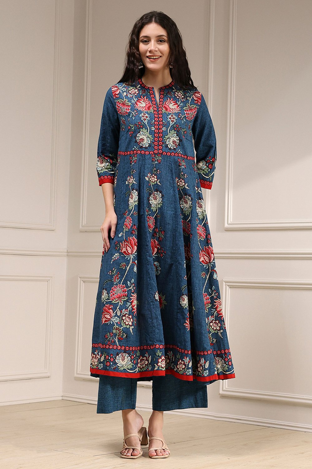 Blue Cotton Printed Anarkali Suit Set image number 6