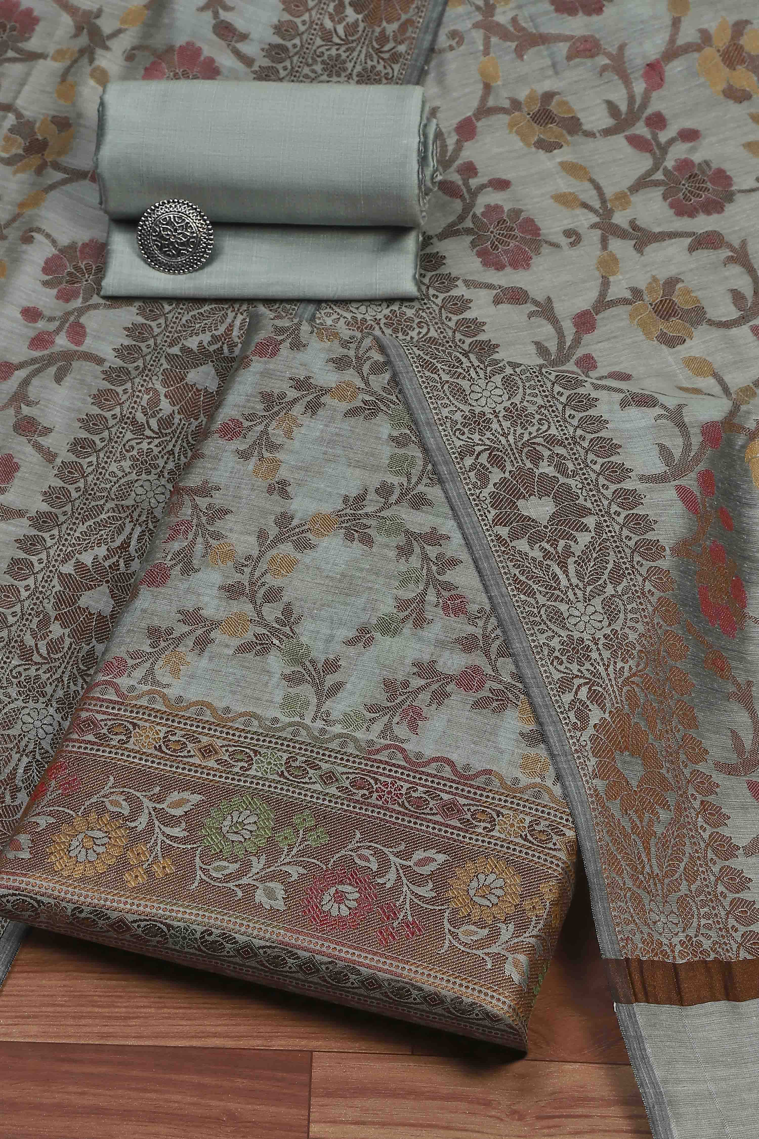 Grey Cotton Printed Embroidered Unstitched Suit Set image number 0