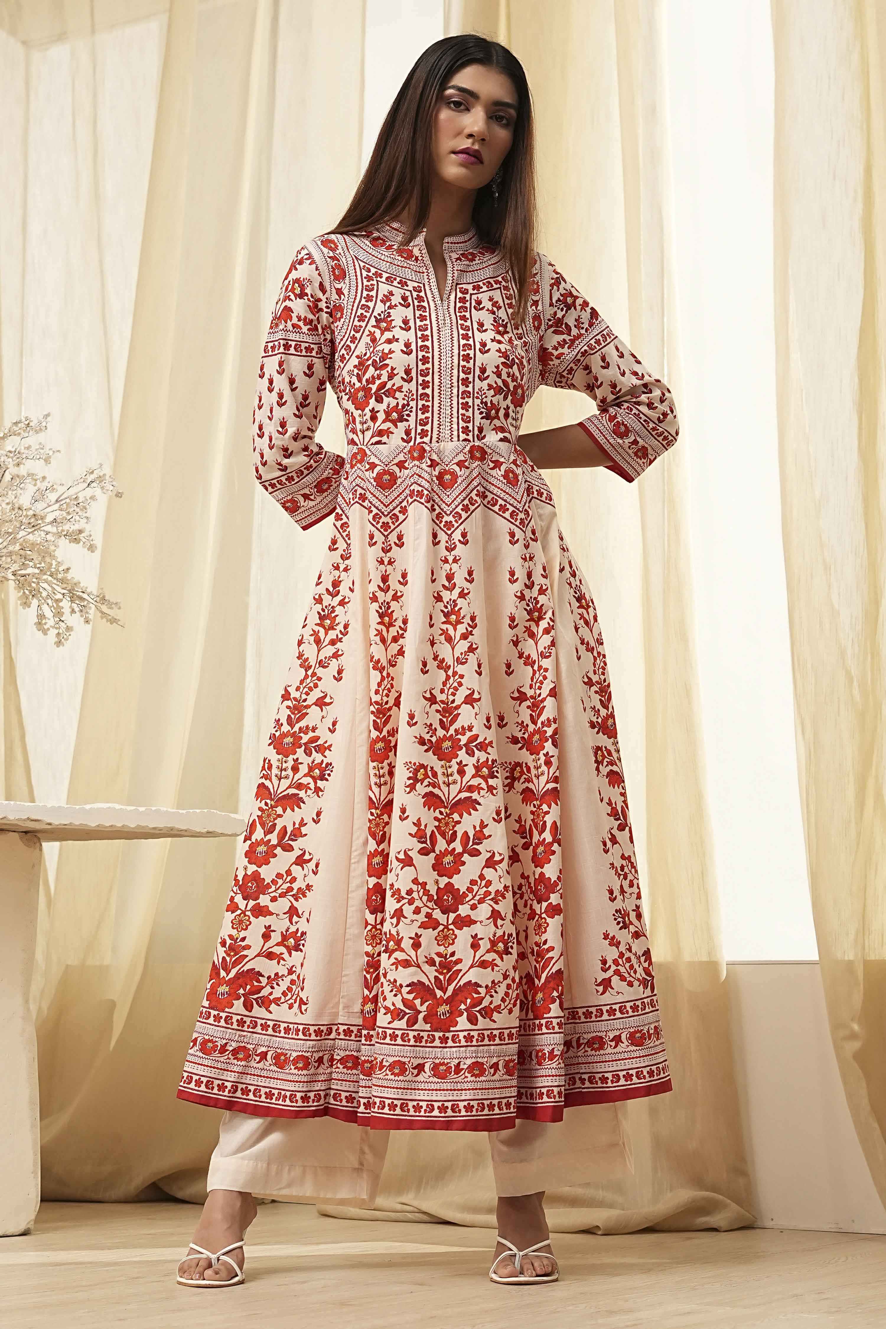 White and Black Cotton Printed Anarkali Kurta Set image number 0