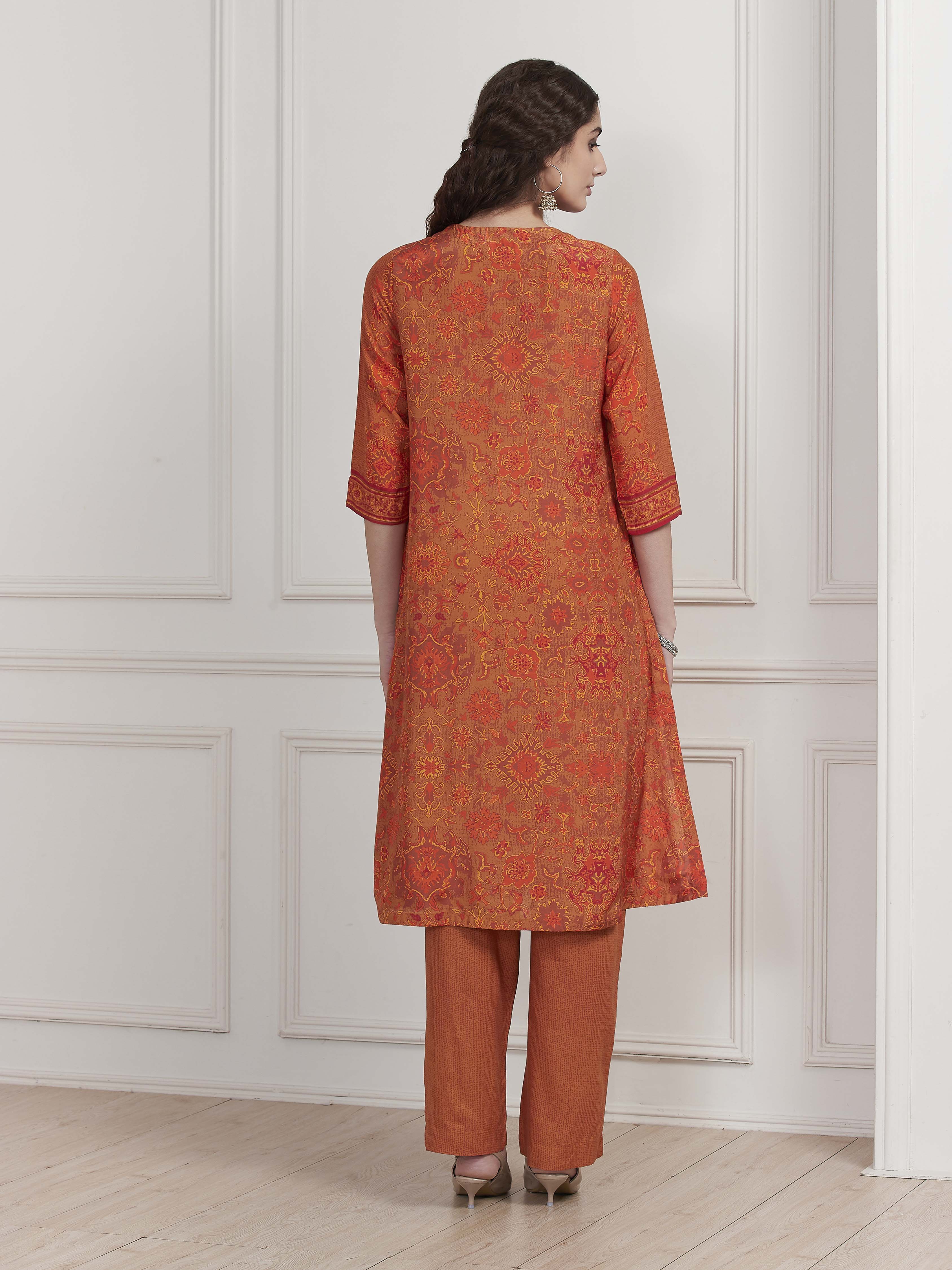 Orange Modal Printed Straight Suit Set image number 4