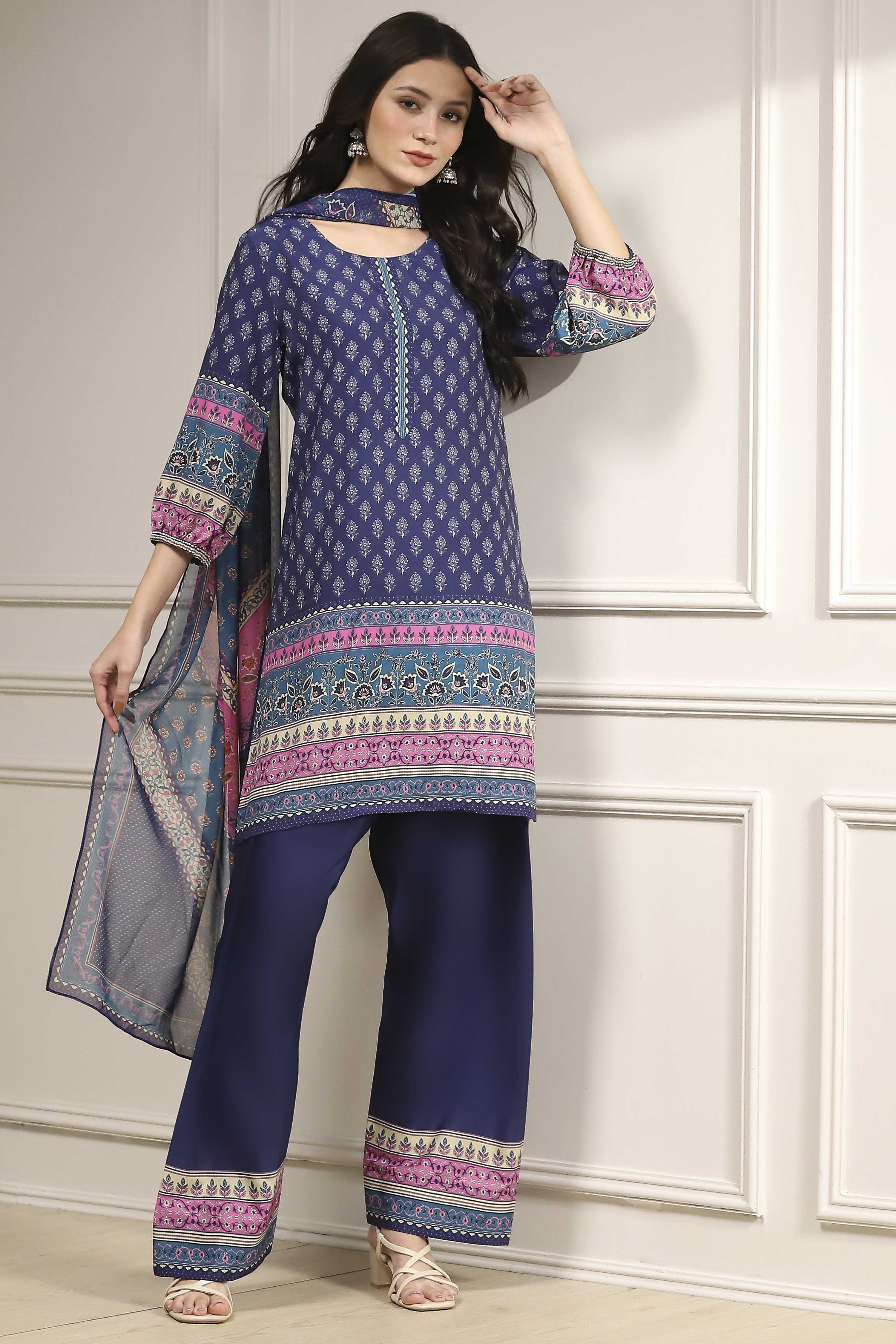 Blue Printed Straight Suit Set image number 0