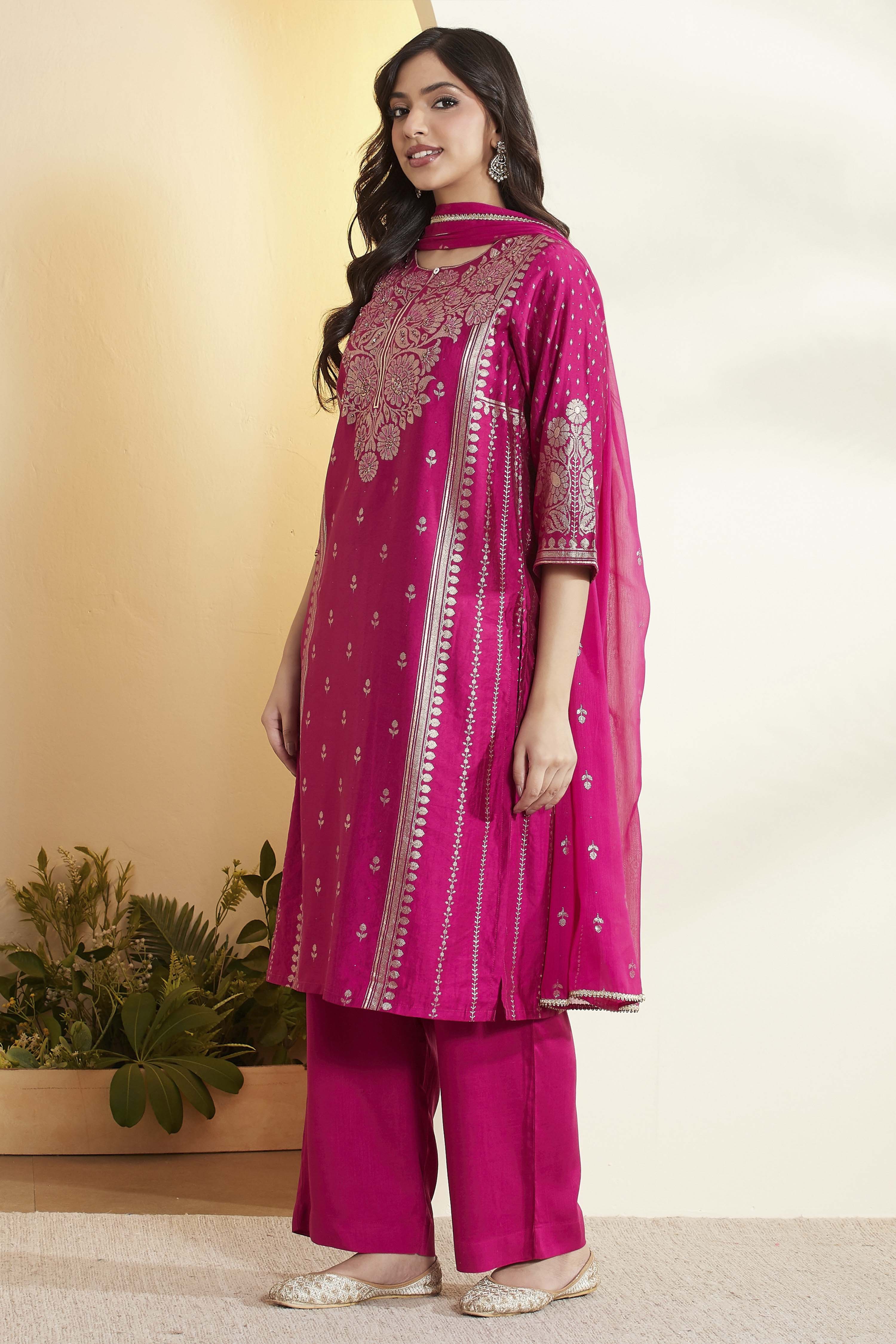 Magenta Pink Viscose Blend Straight Suit Set image number 4