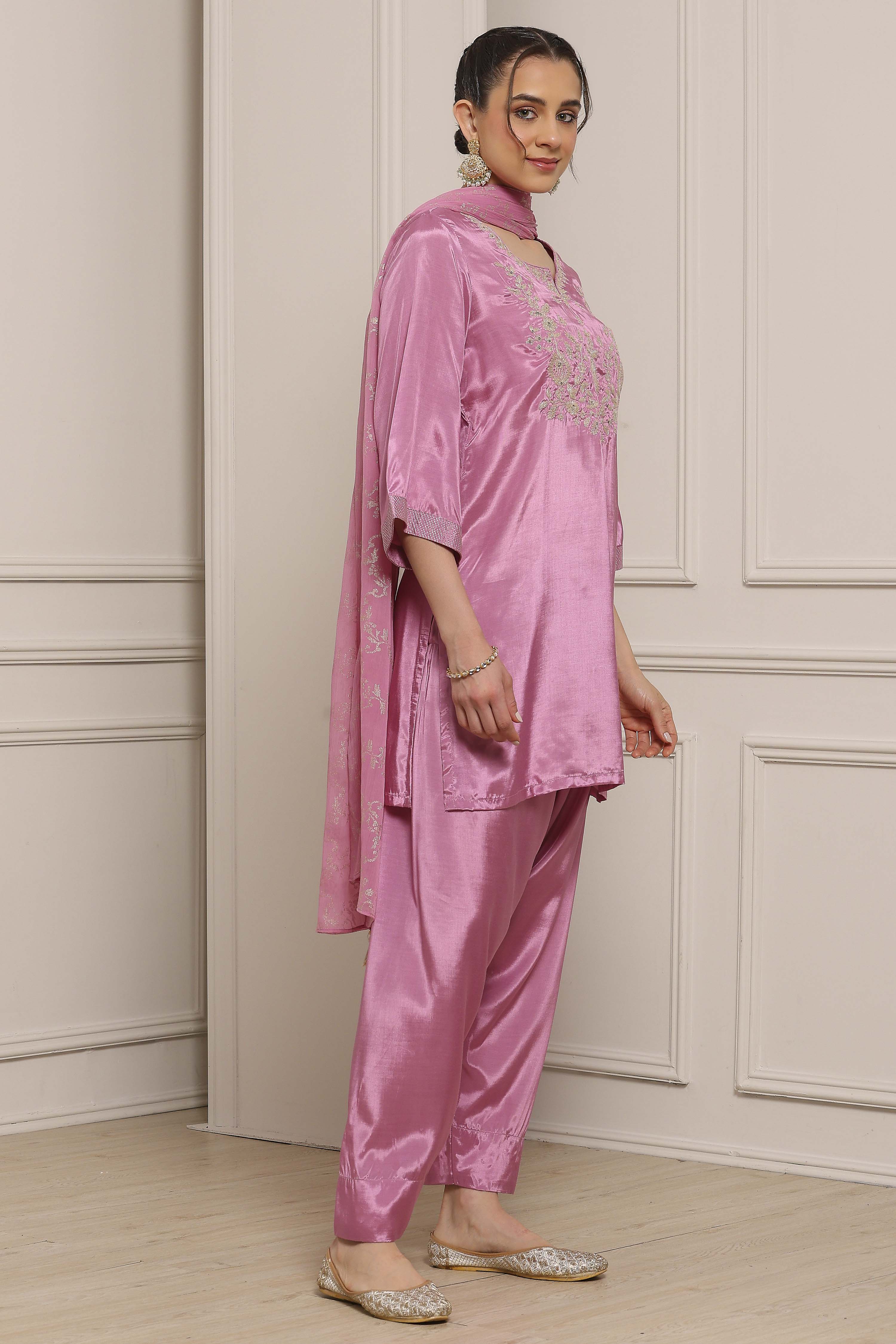 Pink Viscose Straight Dyed Suit Set image number 5