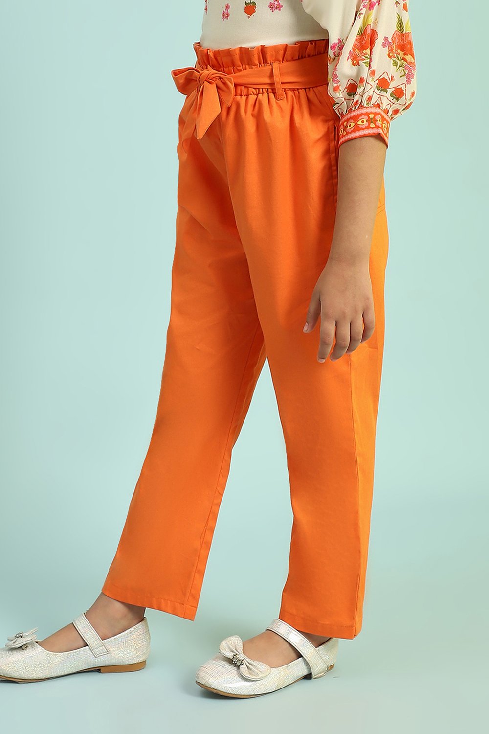 Orange Cotton Solid Regular Pants image number 2