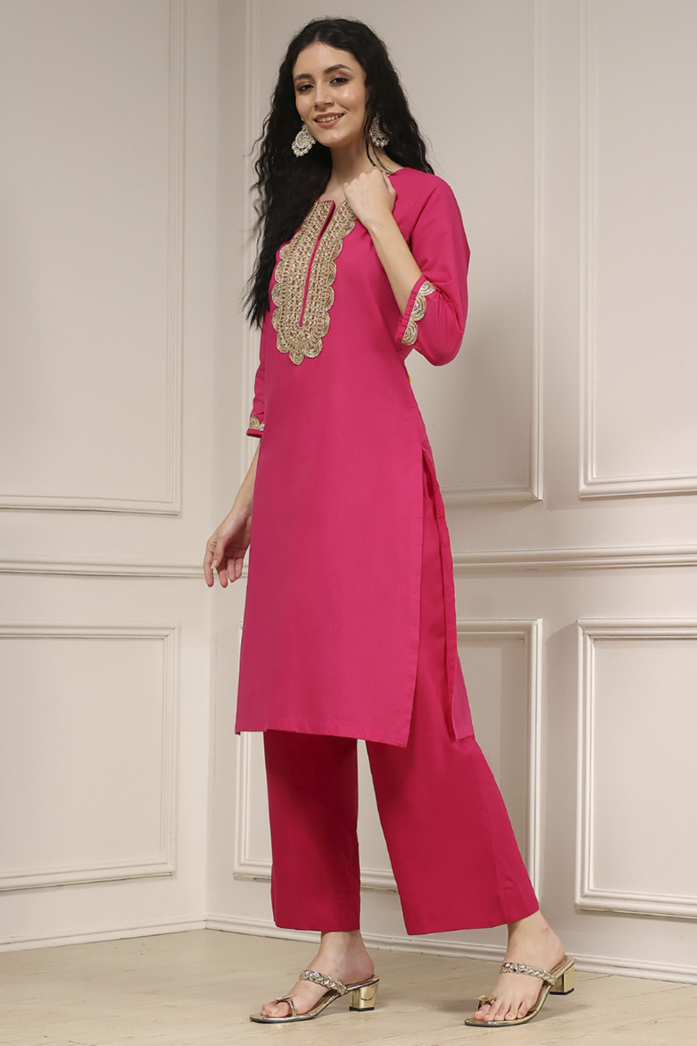 Fuchsia Cotton Straight Solid Kurta image number 3