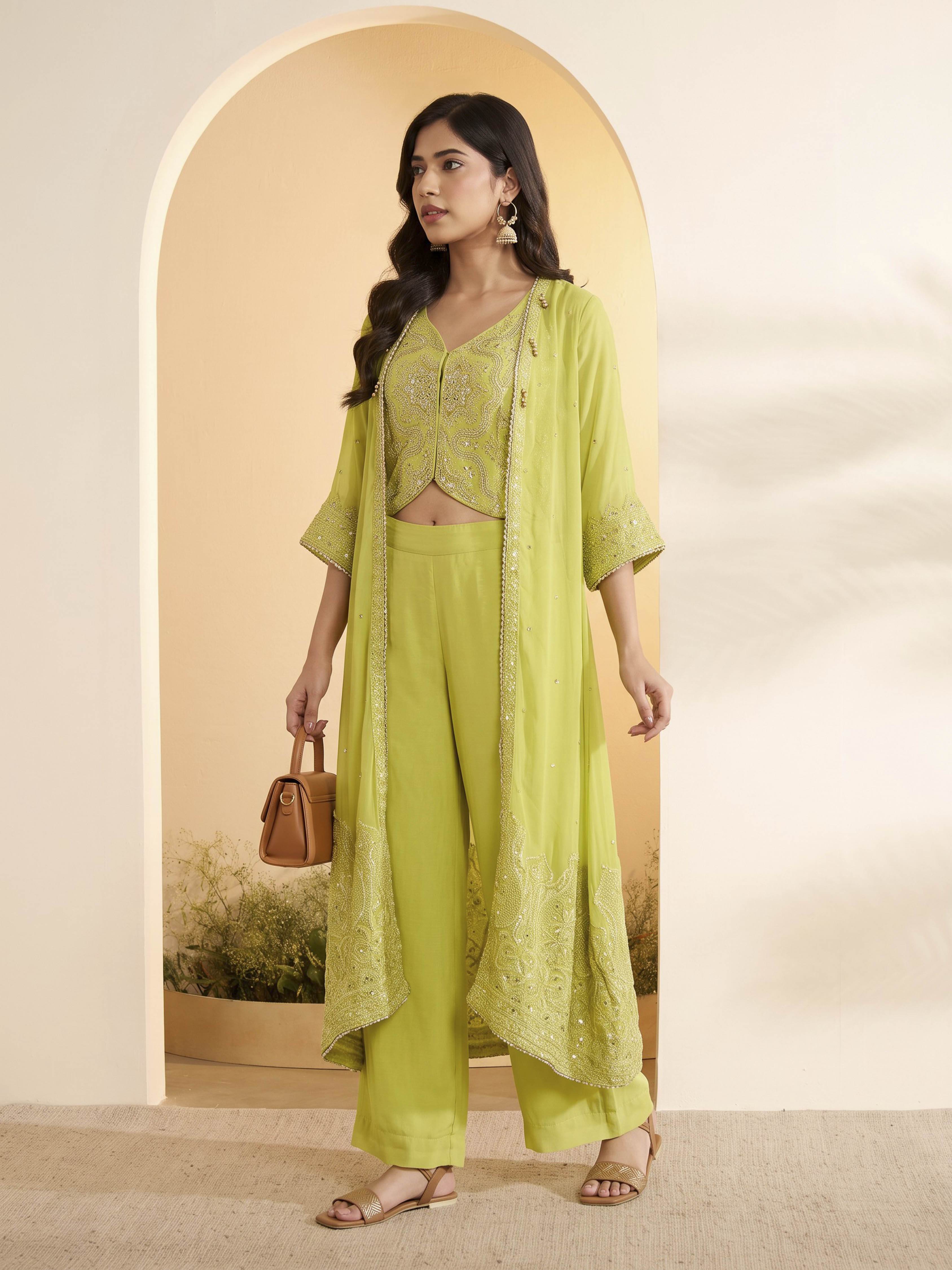 Yellow Poly Georgette Regular Fusion Set image number 0