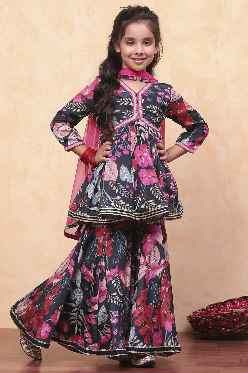 Teal Polyester Printed Gathered Sharara Suit Set image number 6