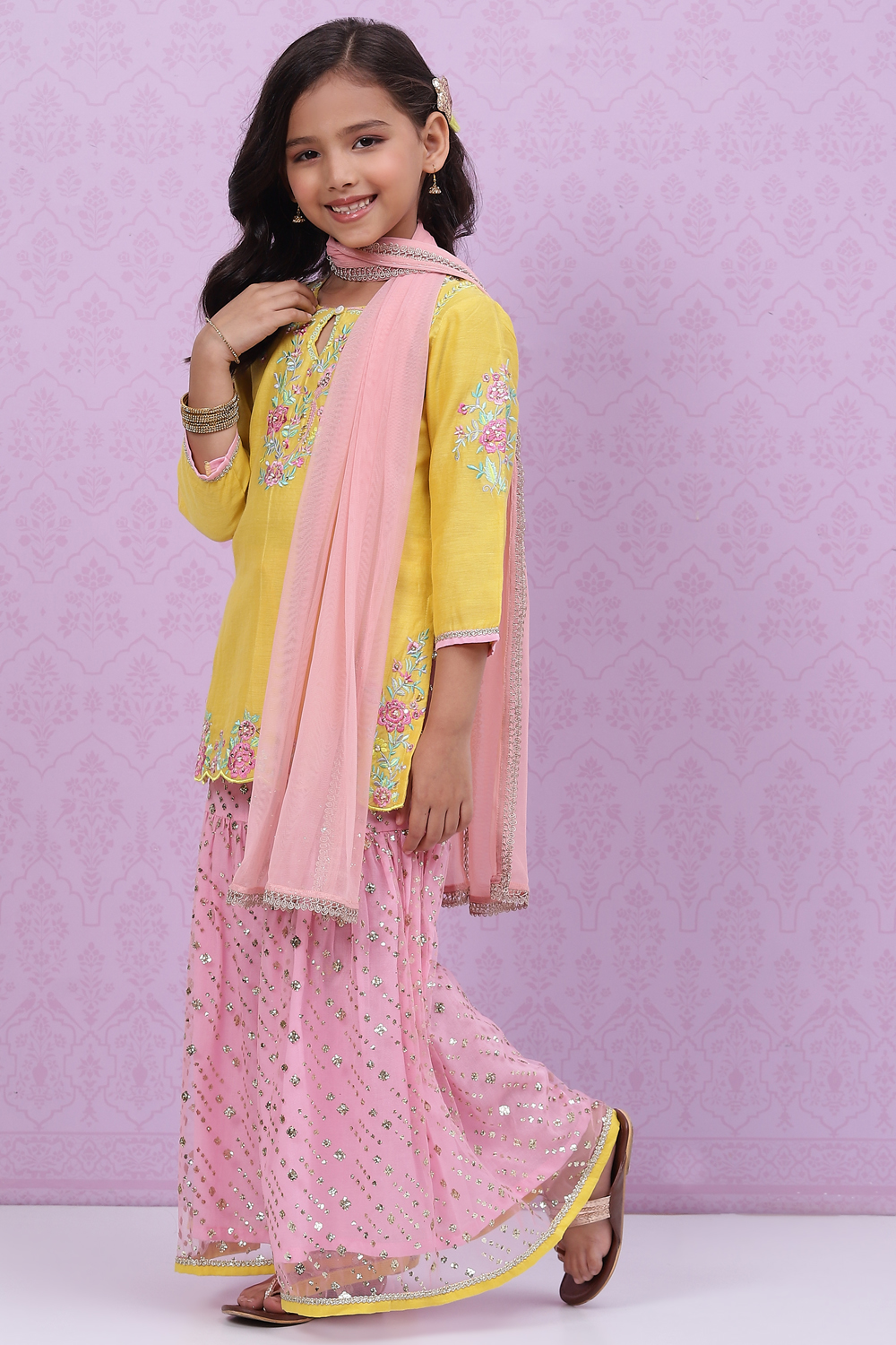 Yellow Poly Cotton Sharara Kurta Garara Suit Set image number 5