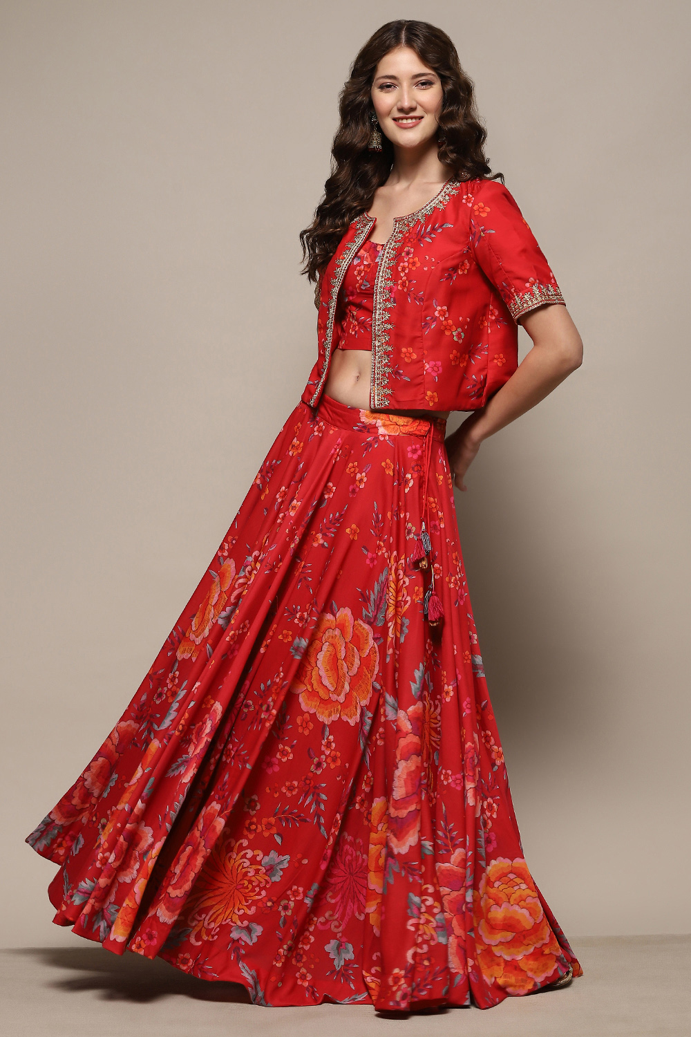 Red Floral Printed Flared Lehenga Set with Jacket image number 7