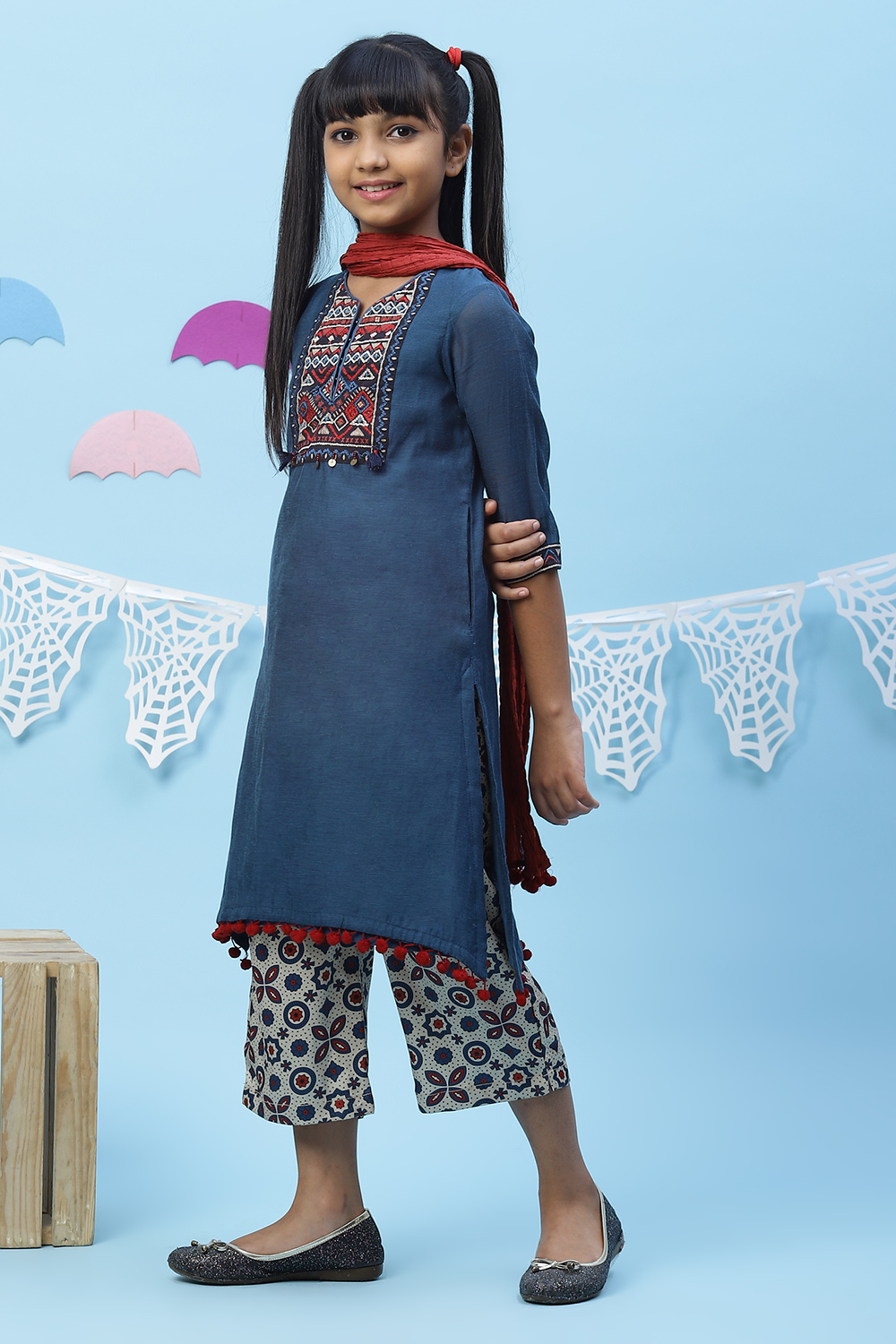 Blue Art Silk Girls Straight  Kurta Palazzo Suit Set image number 2