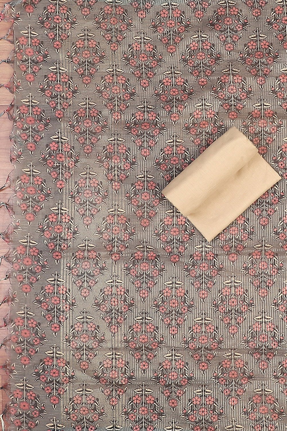 Beige Chanderi Unstitched Suit Set image number 2