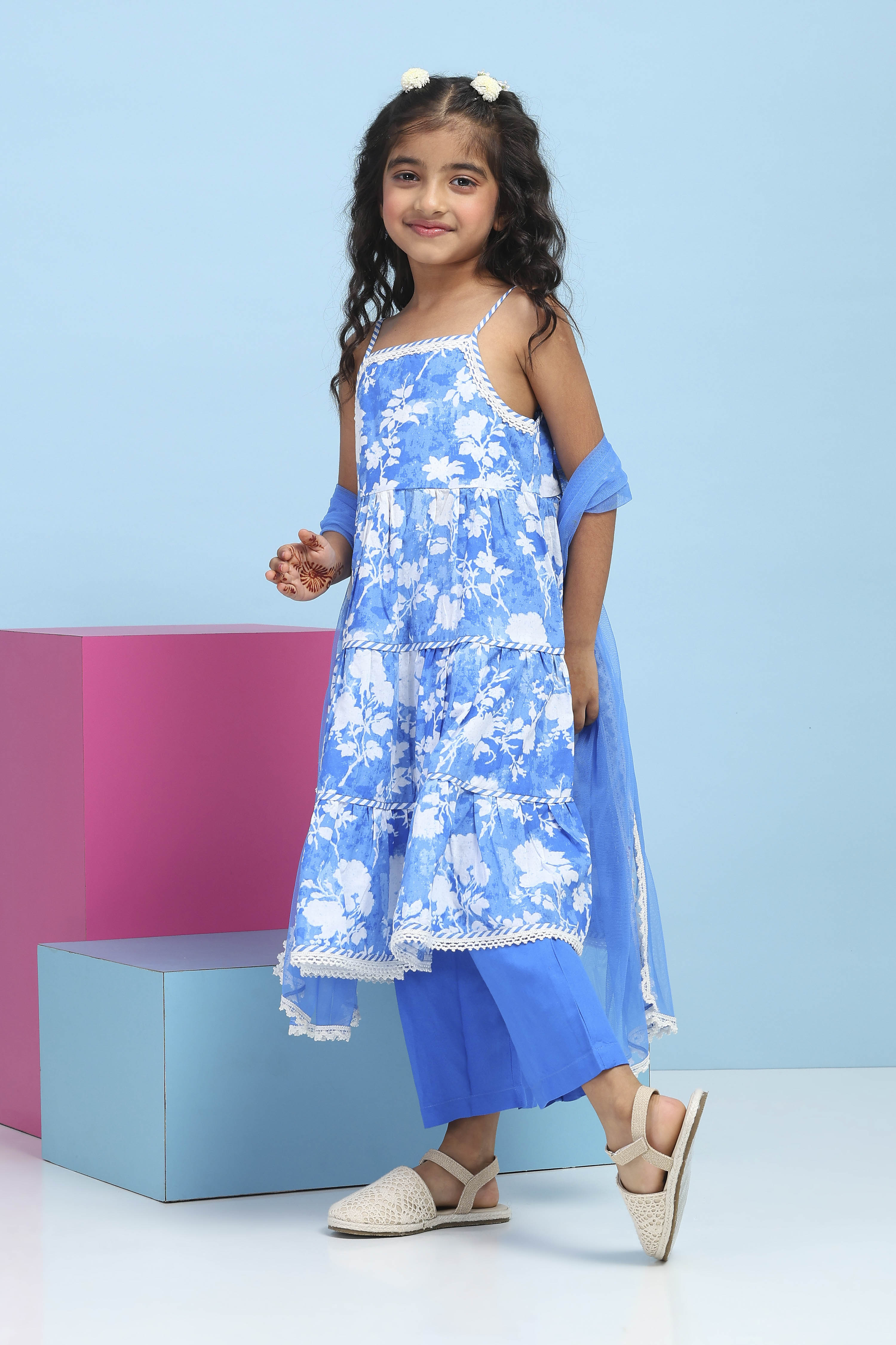 Blue Cotton Printed Tiered Suit Set image number 3