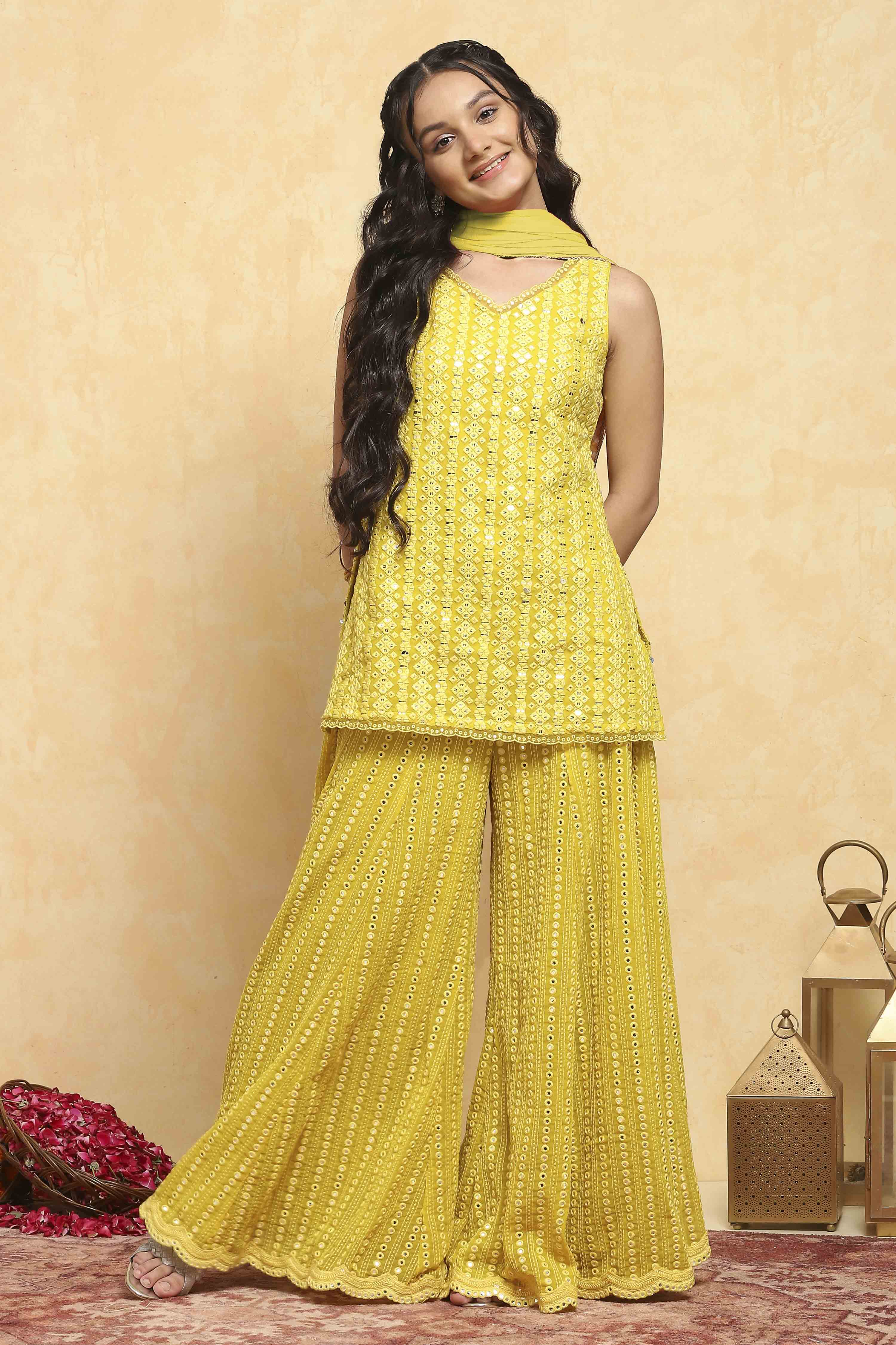 Yellow Polyester Dyed Straight Sharara Suit Set image number 6