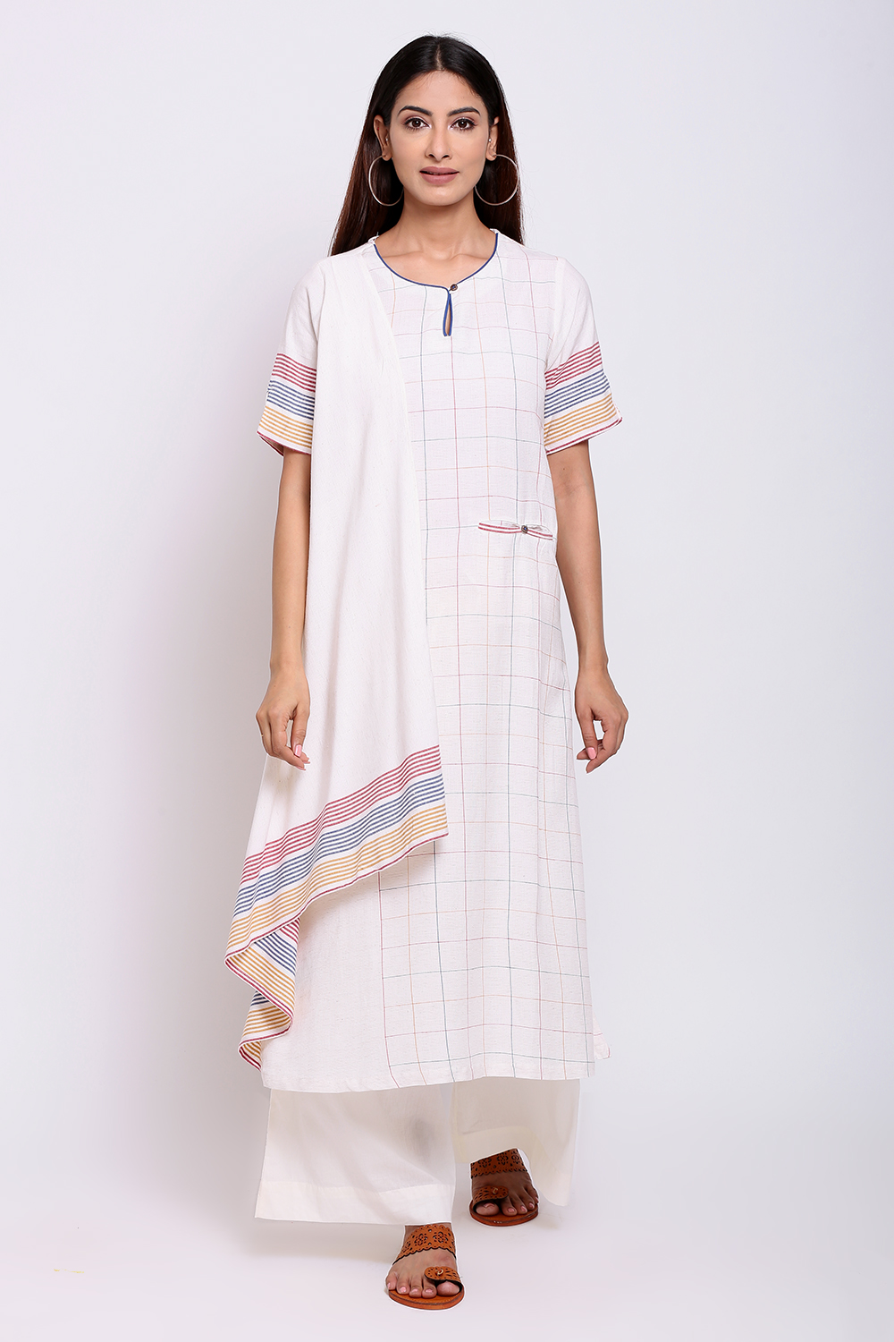 Off White Cotton A-Line Kurta Flared Palazzo Suit Set image number 0