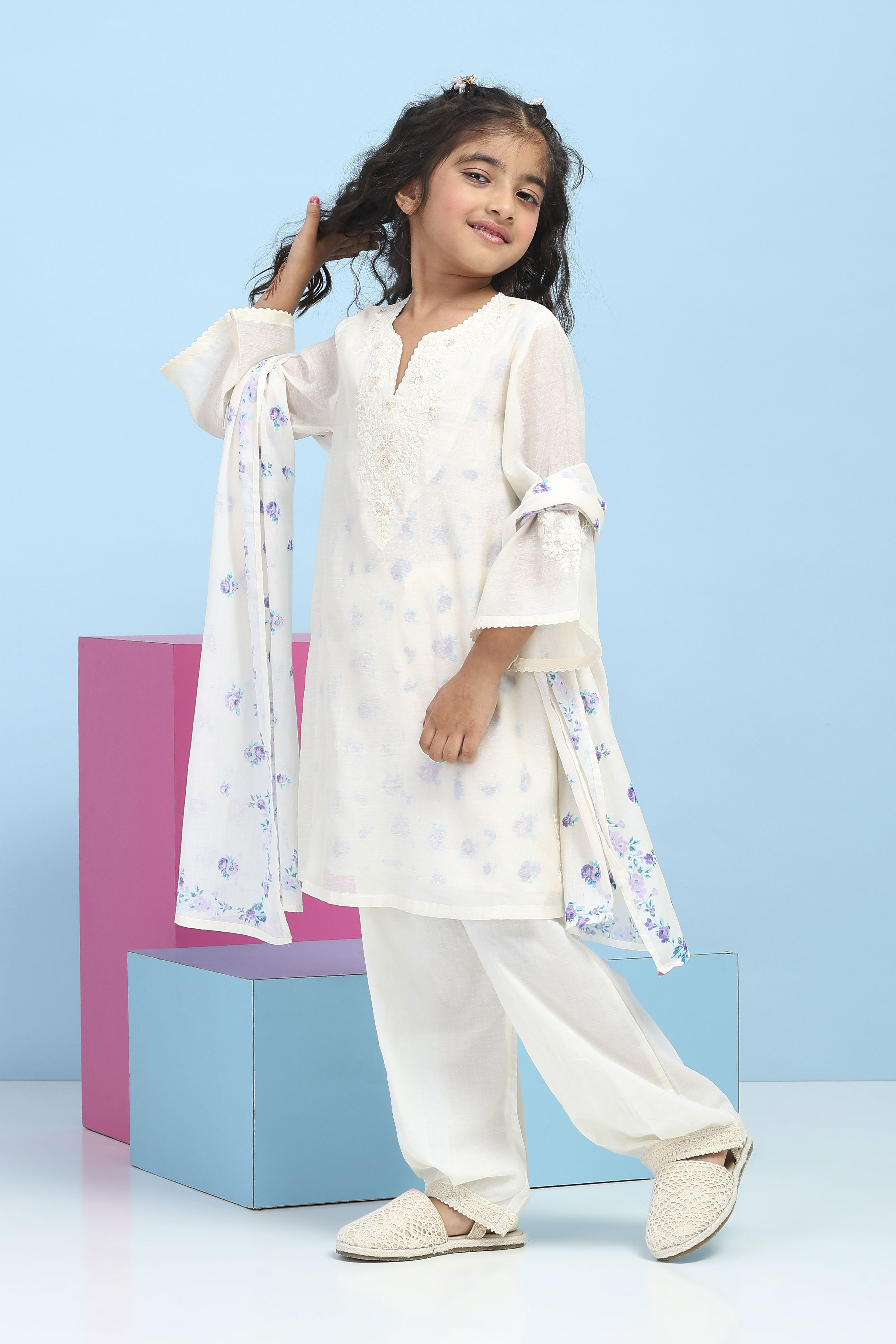 White Poly Chanderi Solid A-Line Suit Set image number 3