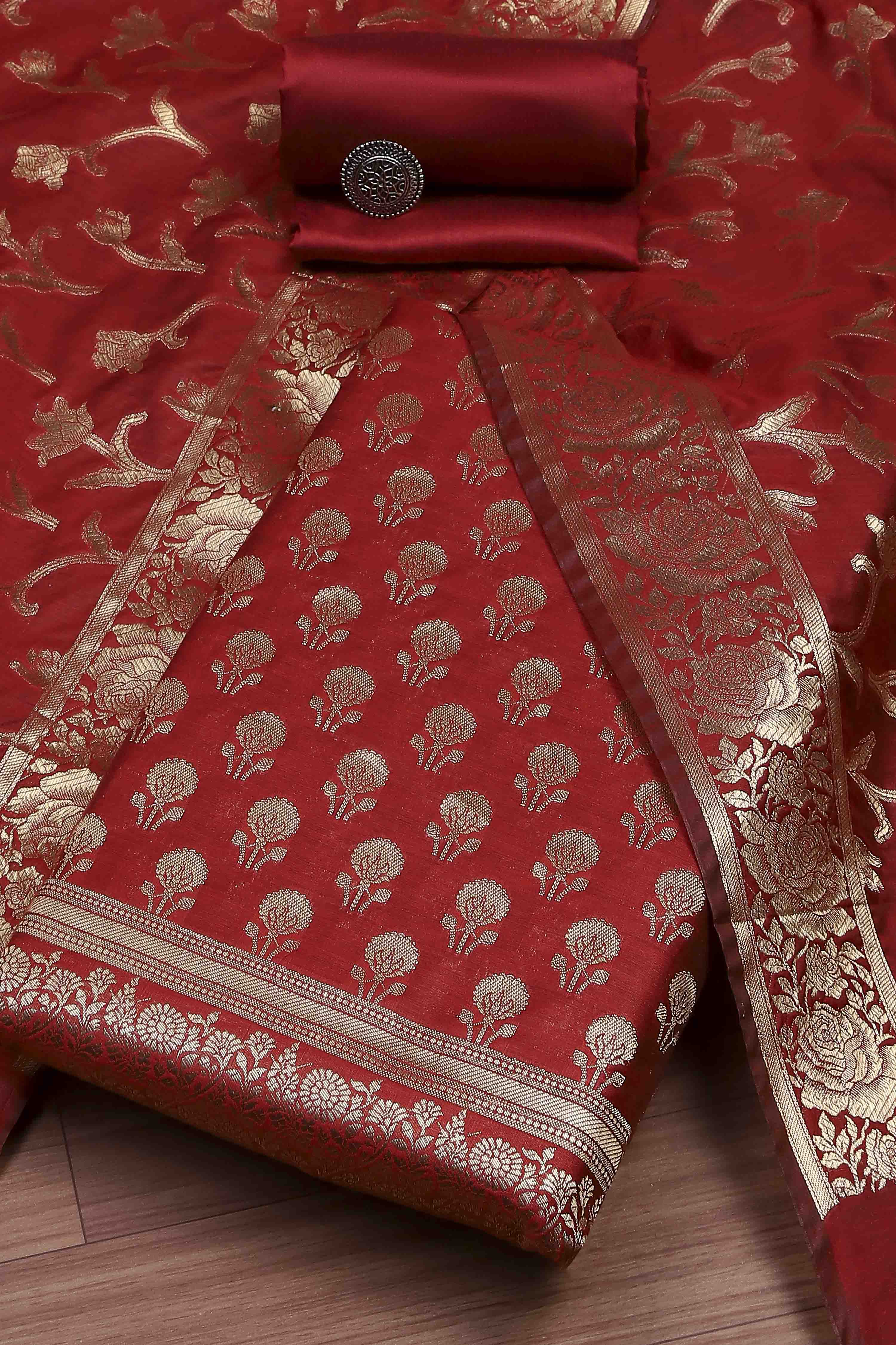 Teal Banarasi Chanderi Banarasi Print Unstitched Suit Set image number 0