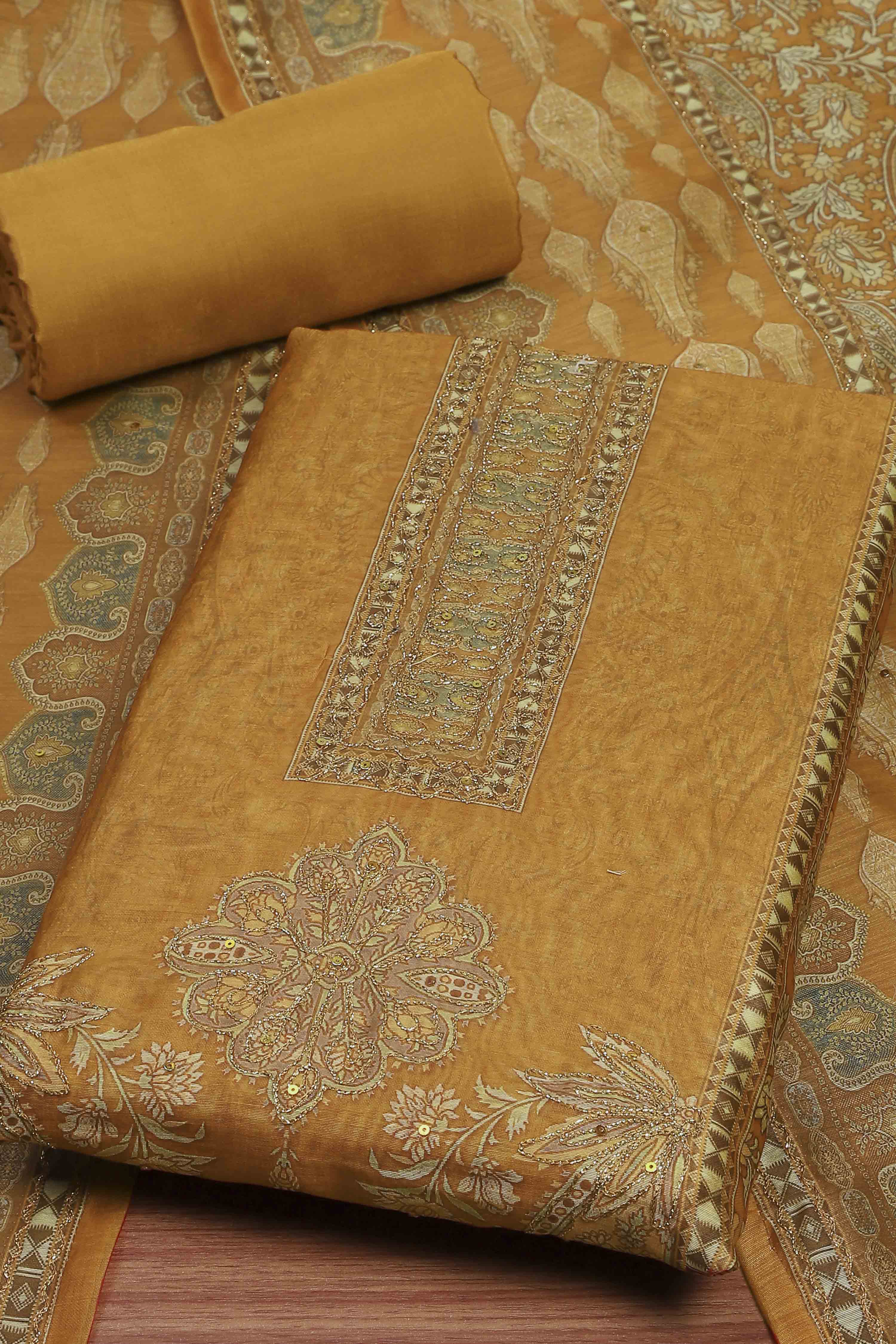 Rust Cotton Printed Unstitched Kurta Set image number 1