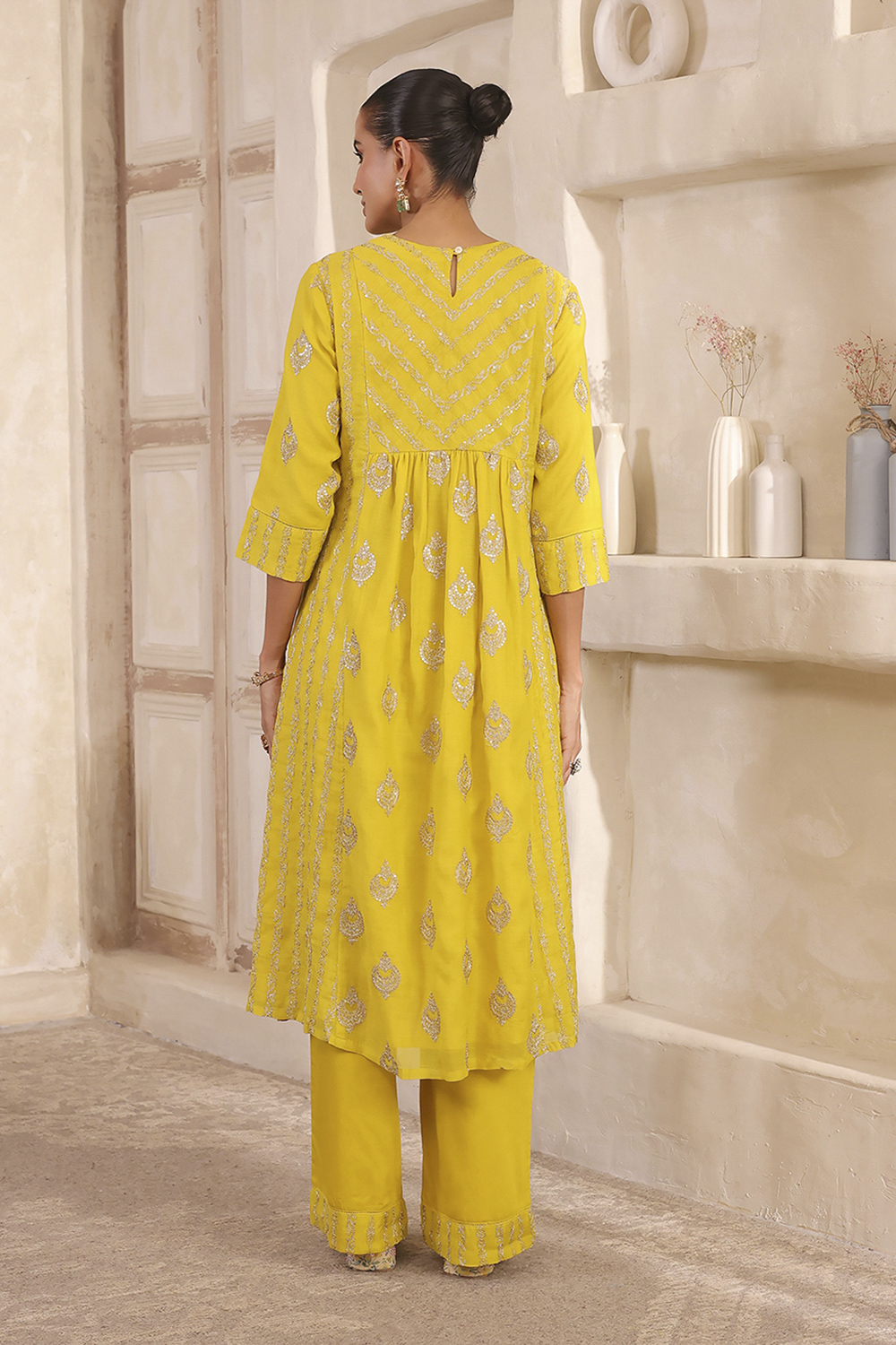 Lime Yellow Chanderi Straight Dyed Suit Set image number 4