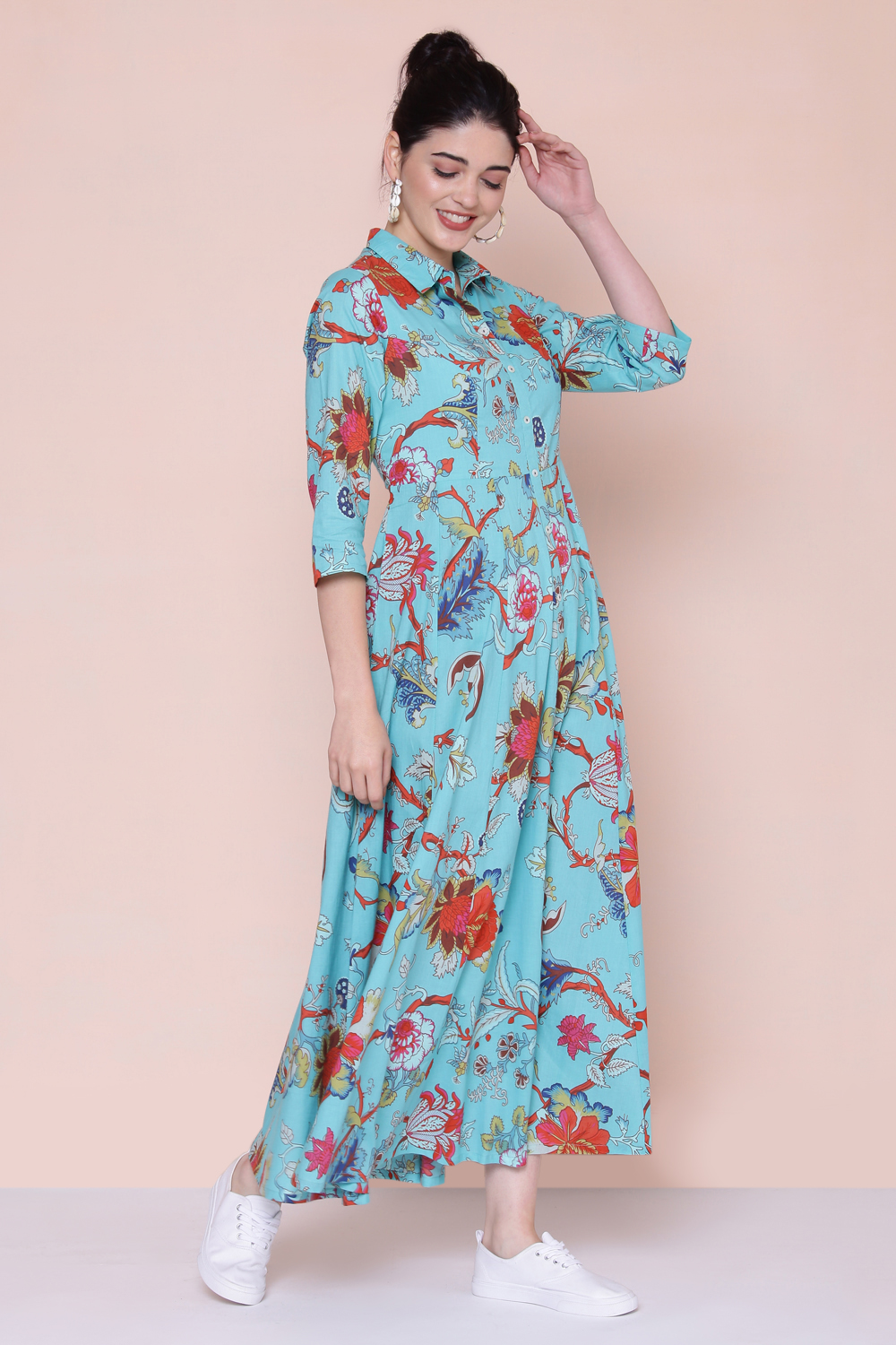 Turquoise Cotton Fusion Wear Dress image number 3