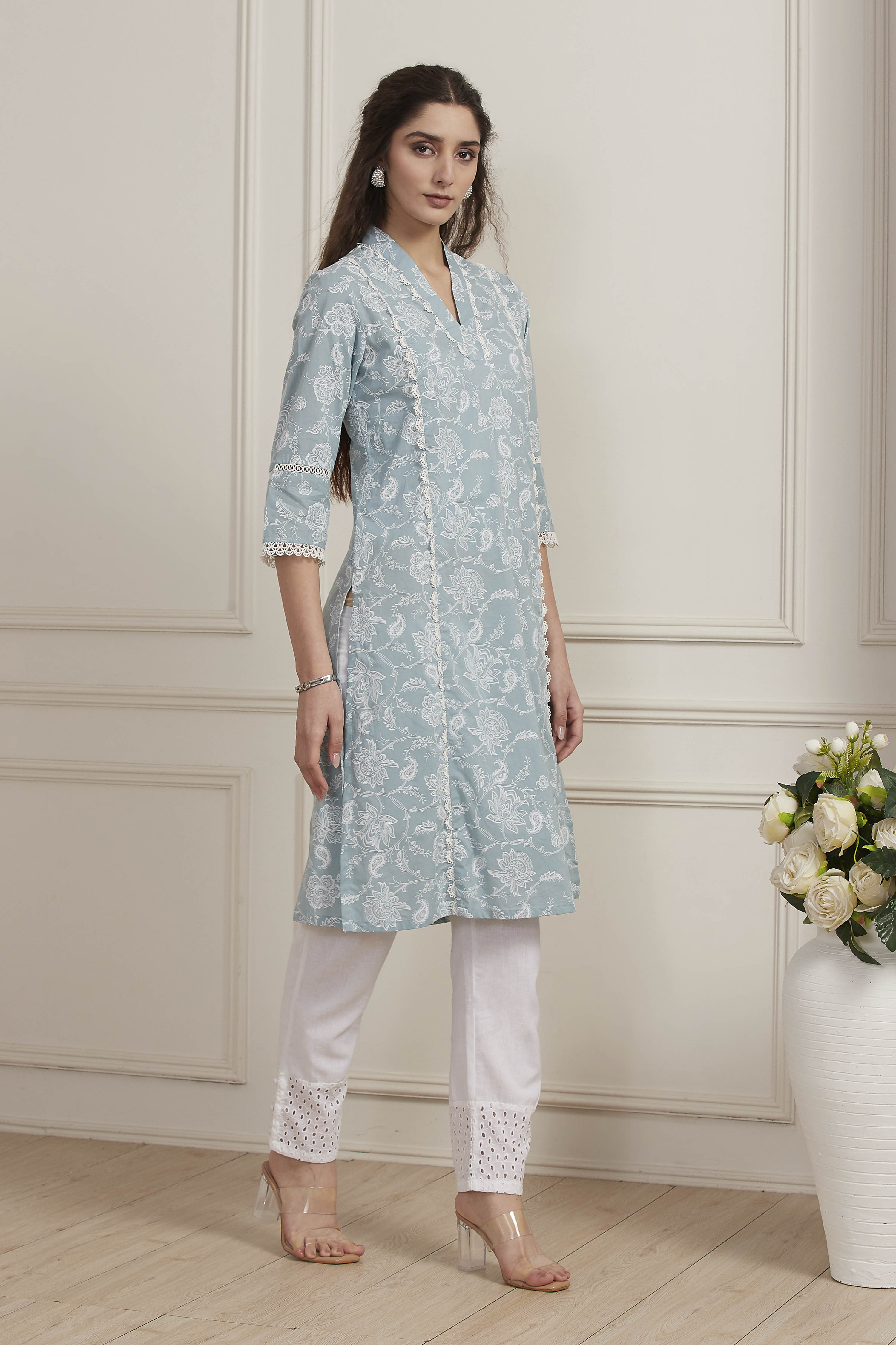 Blue Cotton Straight Kurta image number 4