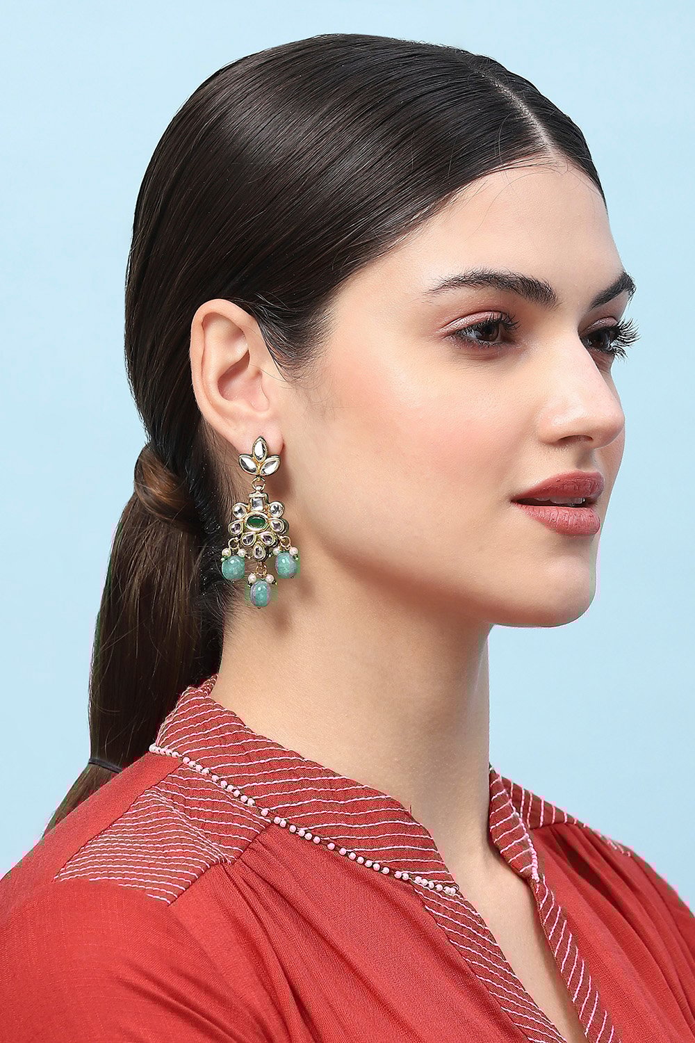 Green Kundan Festive Drop & Danglers image number 1
