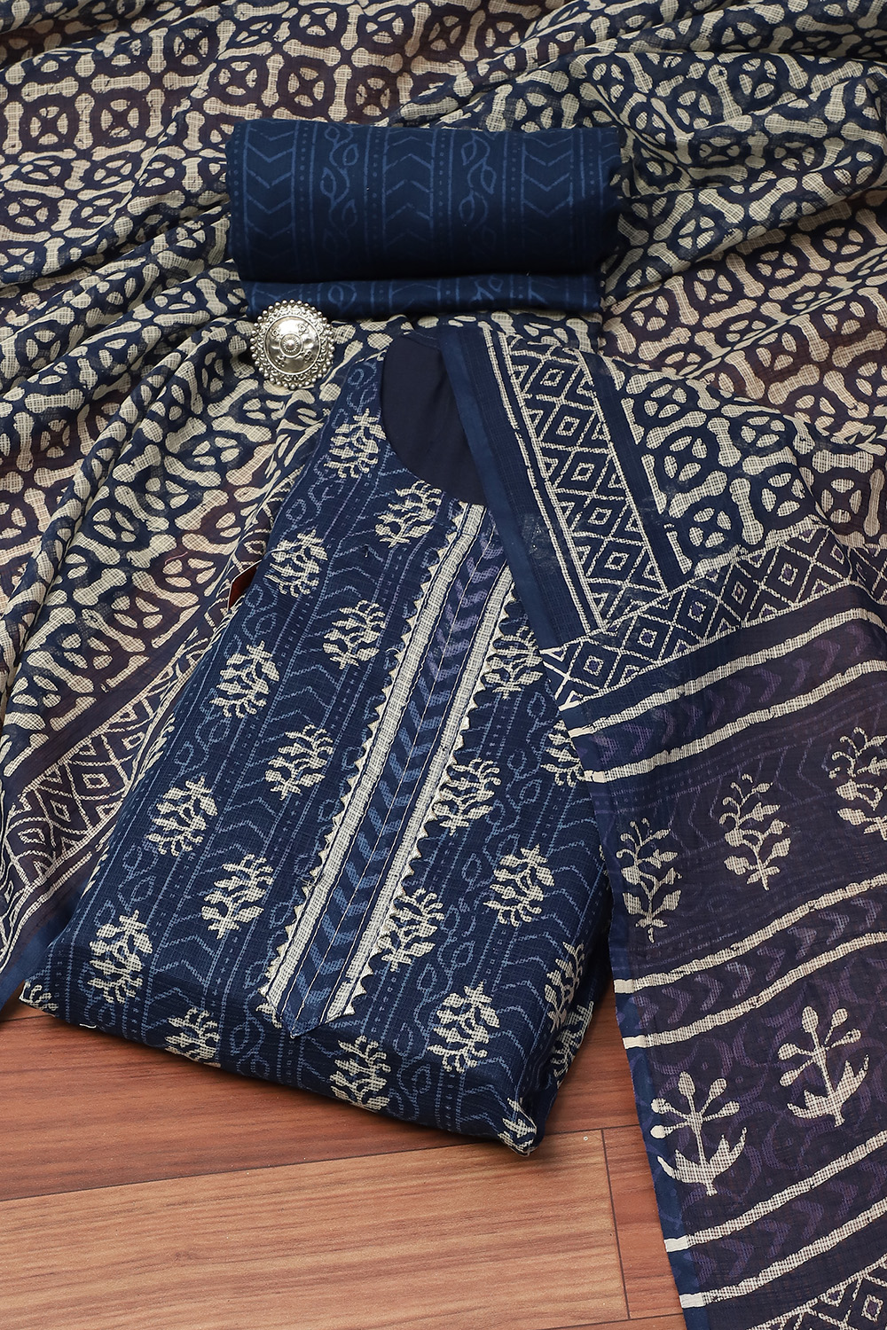 Blue Cotton Hand Block Print Unstitched Suit Set image number 1