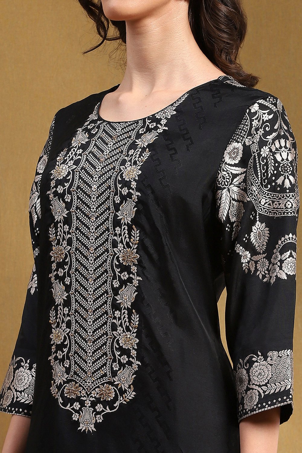 Black Viscose Blend Yarn Dyed Festive Straight Suit Set image number 1