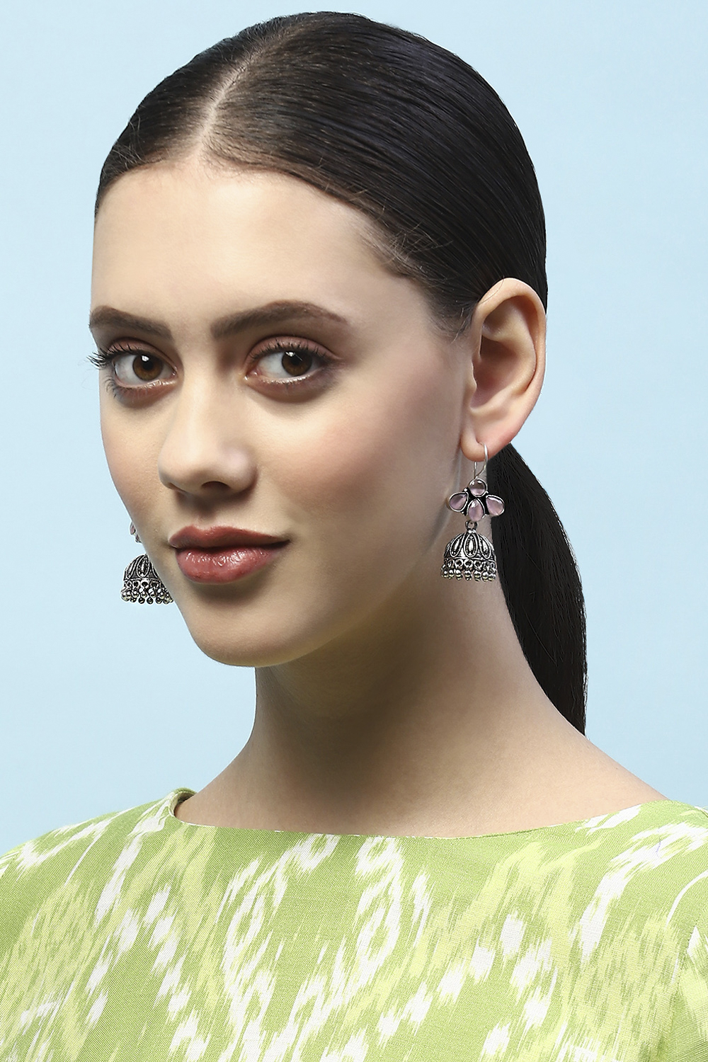 Light Pink Oxidised Stone Studded Jhumkas image number 1