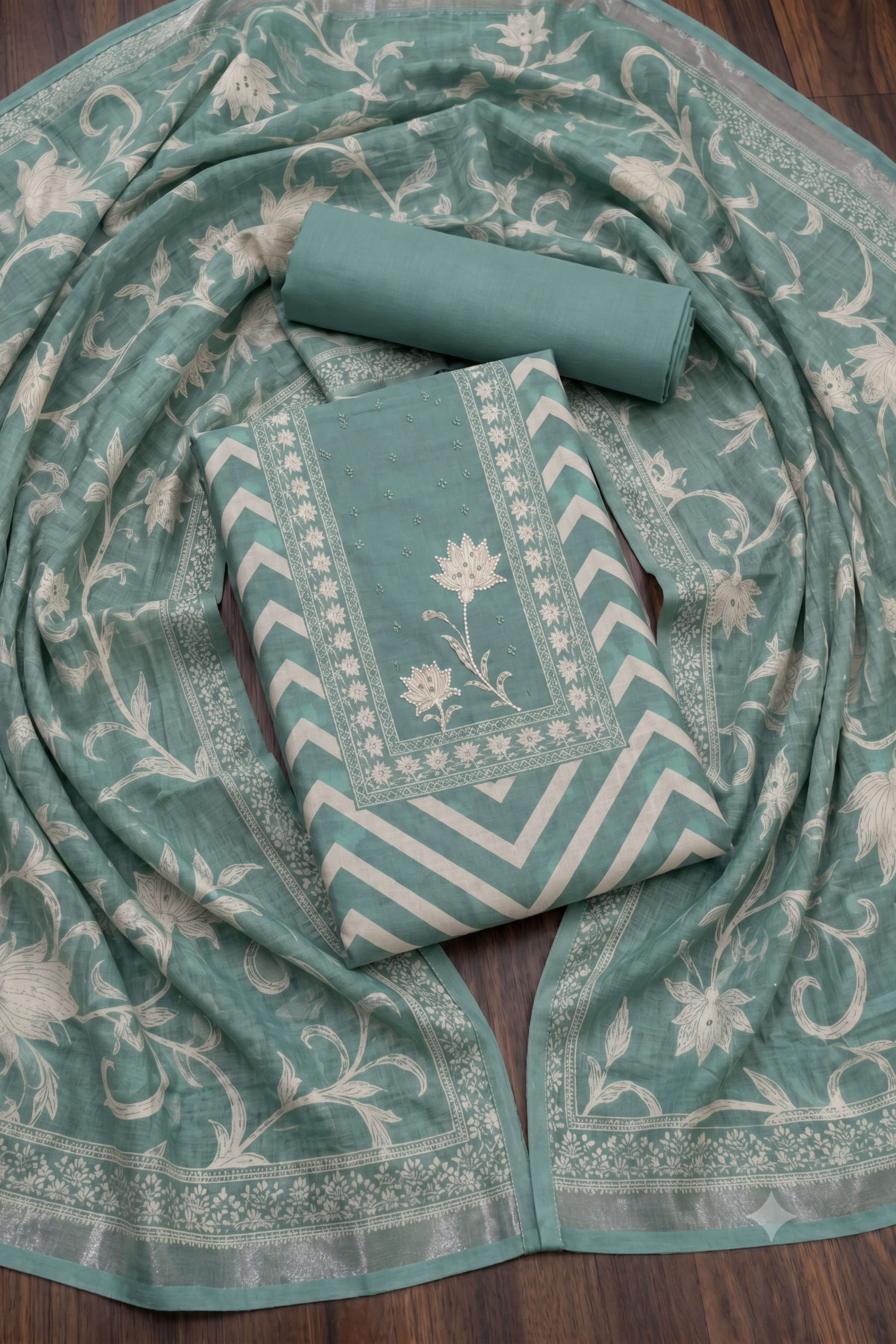 Peach Linen Modern Print Unstitched Suit Set image number 0