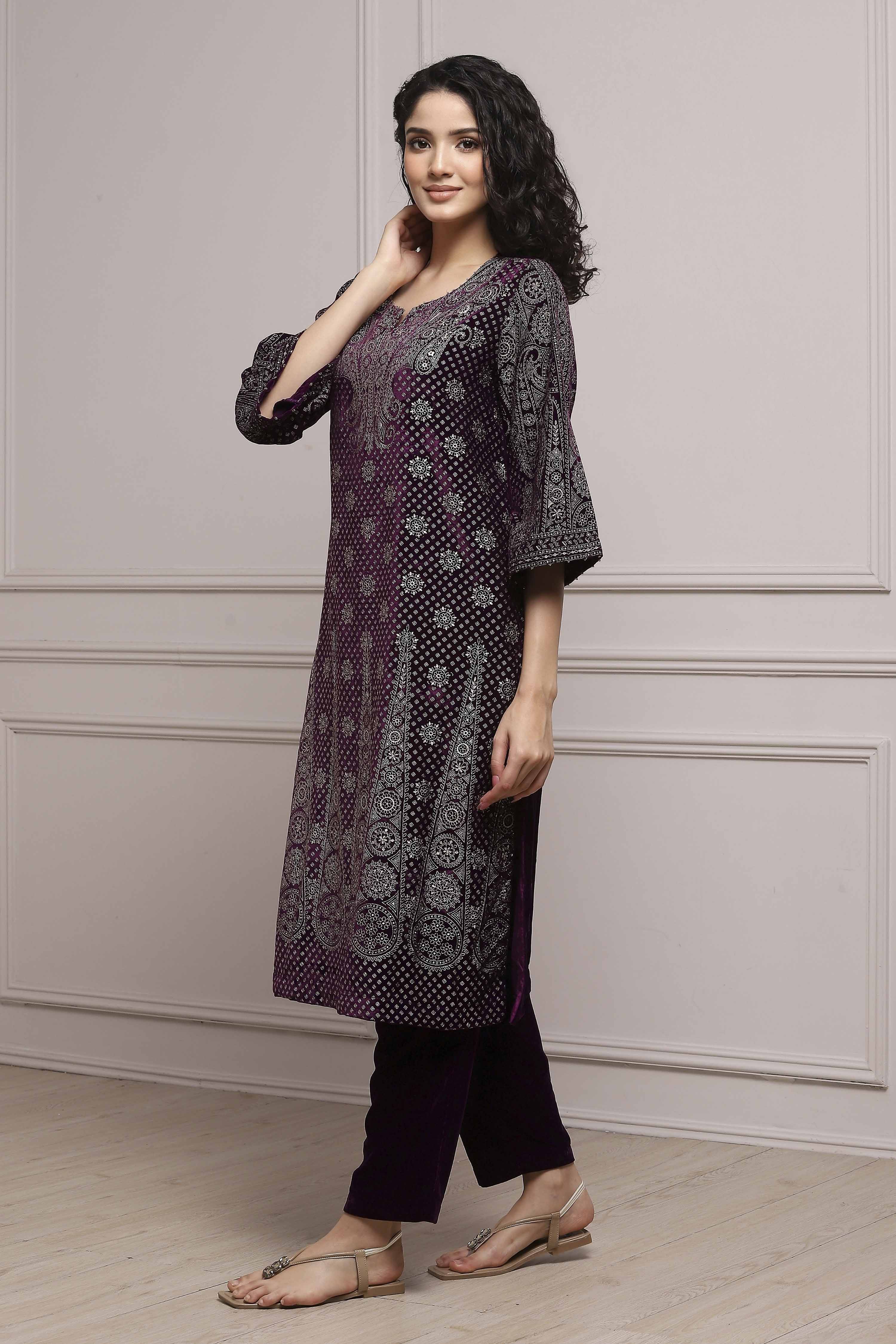 Purple Polyester Straight Printed Kurta Pants Set image number 3