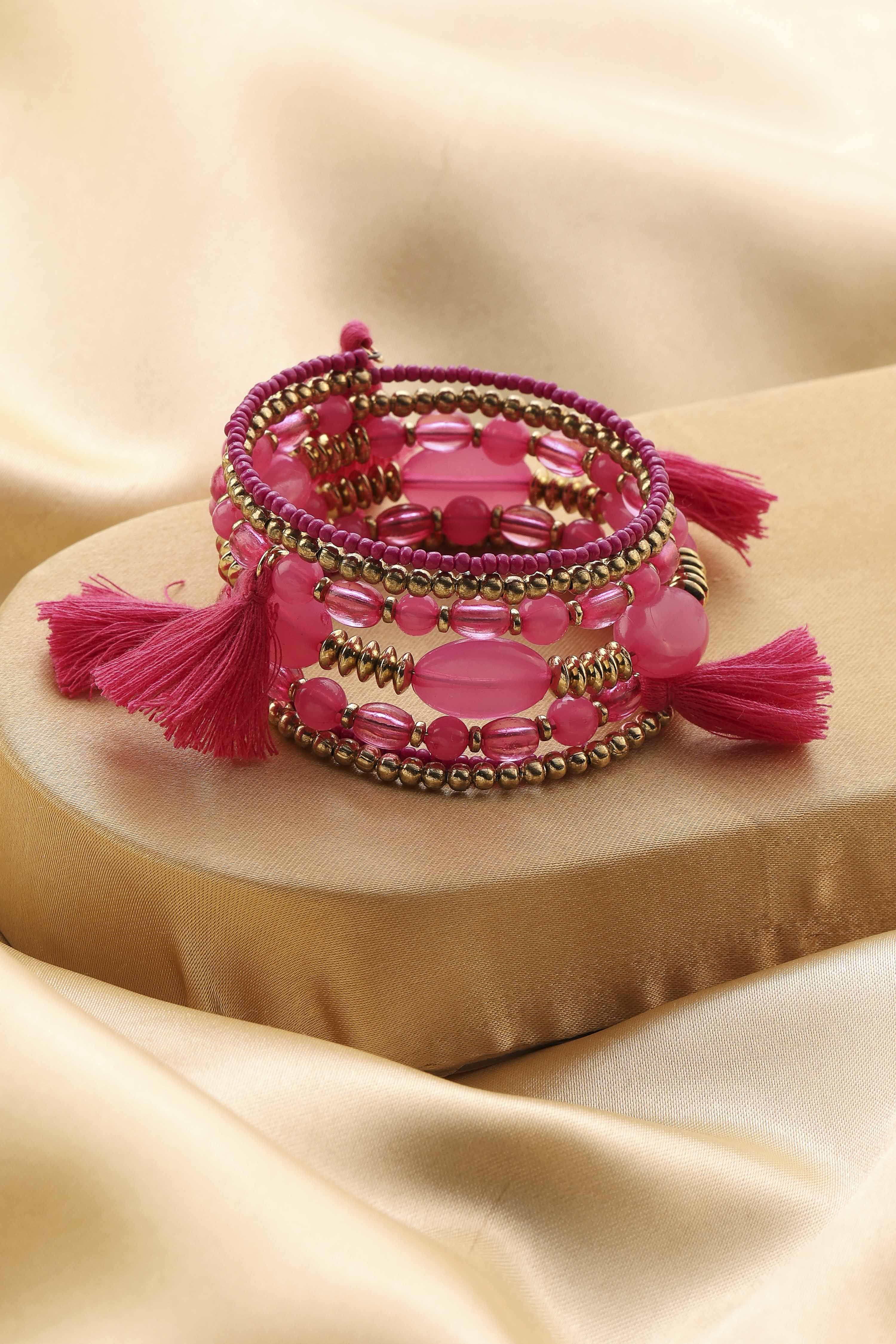 Pink Plastic Warp Around Beaded Bangle image number 2