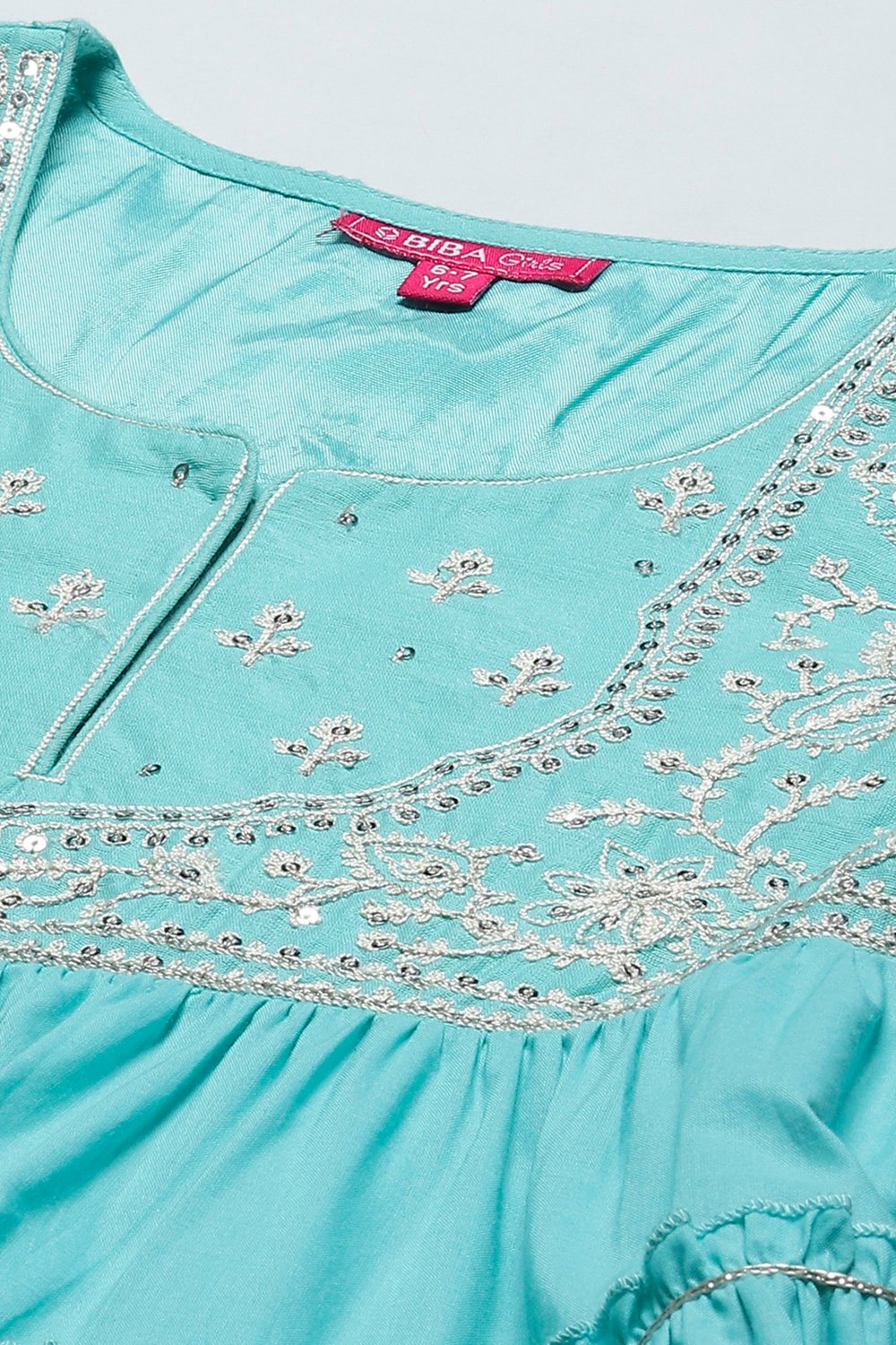 Turquoise Cotton Blend Tiered Kurta Churidar Suit Set image number 1