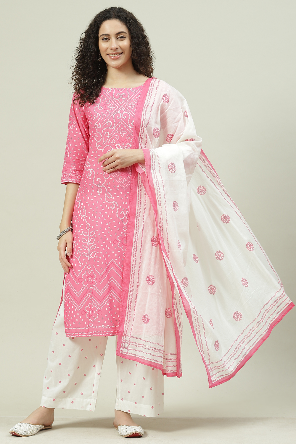 Pink Printed Cotton Straight Kurta Palazzo Suit Set image number 0