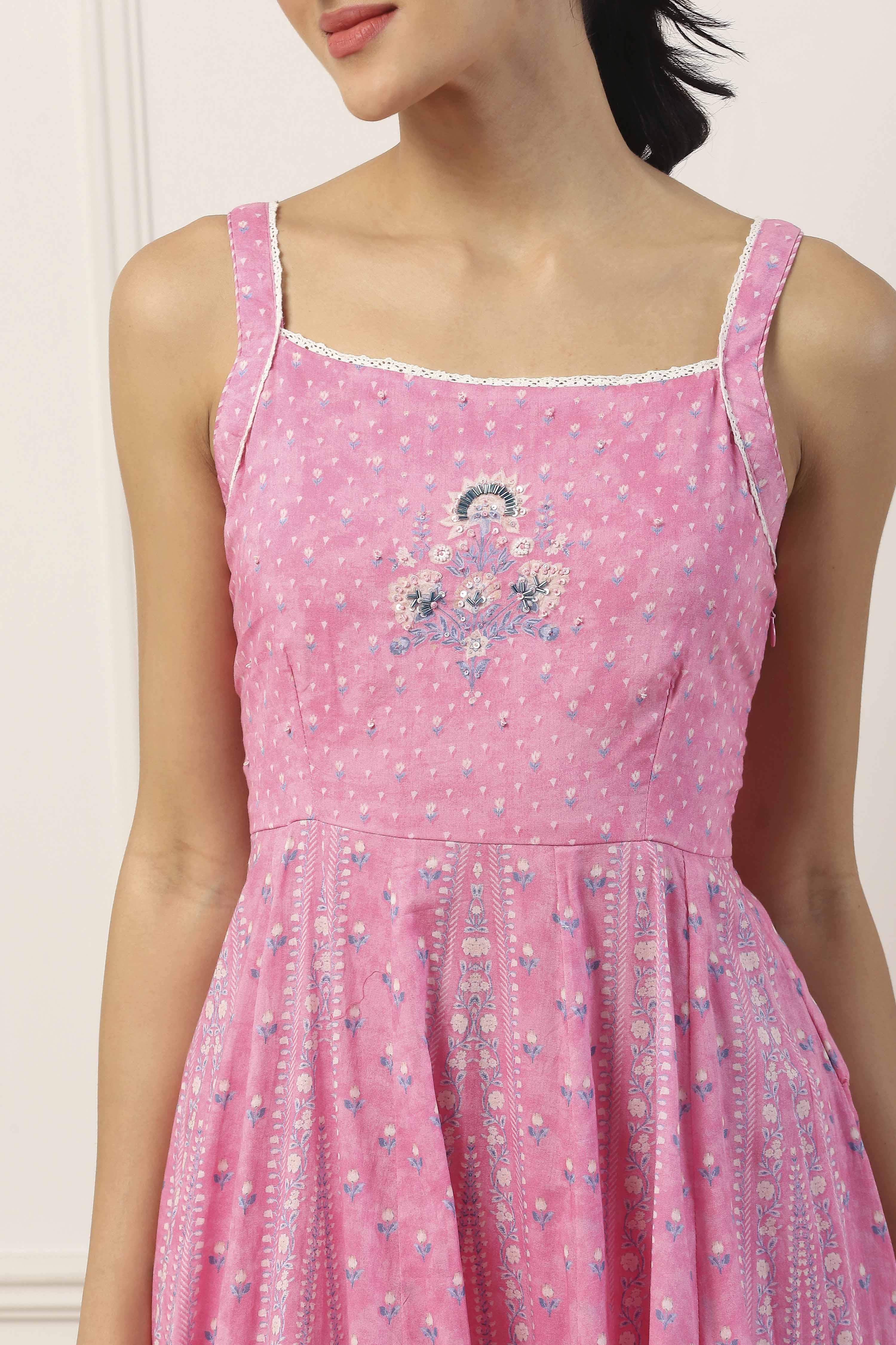 Pink Cotton Floral Printed Kalidar Suit Set image number 0