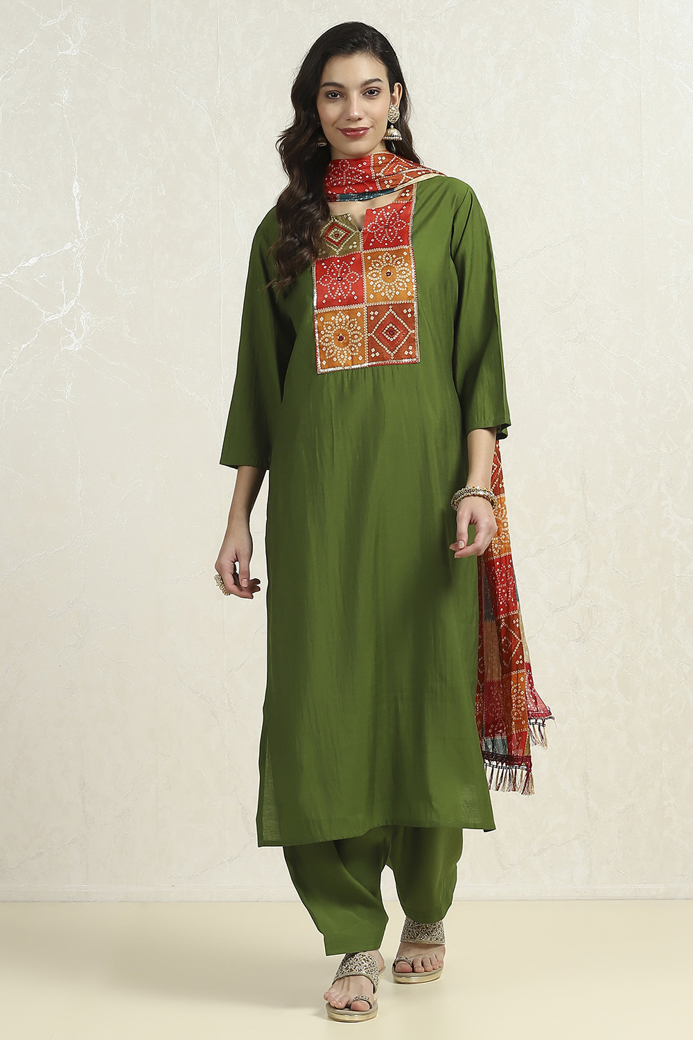 Black Chanderi Jaipuri Work Unstitched Suit Set image number 7